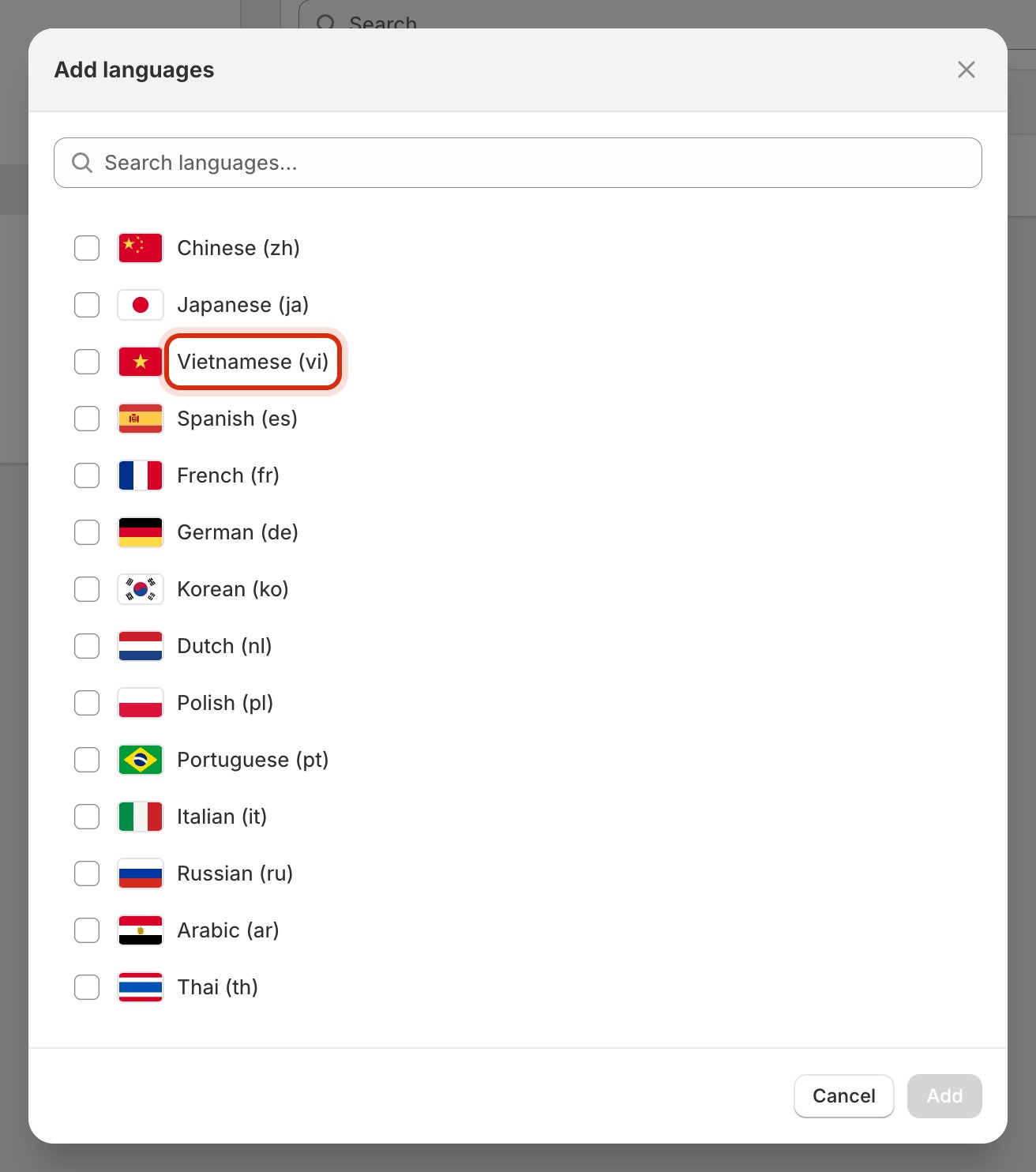 The Add languages dialog listing Chinese, Japanese, Vietnamese, Spanish, French, German and more, each with a flag and a checkbox, with the Vietnamese row highlighted.