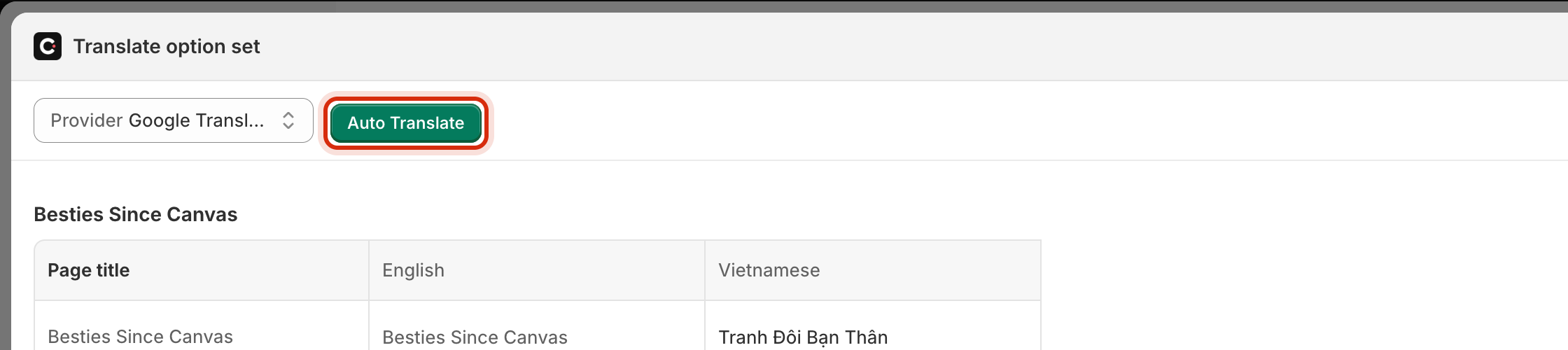 The translator toolbar with a Provider dropdown set to Google Translate and the green Auto Translate button highlighted.