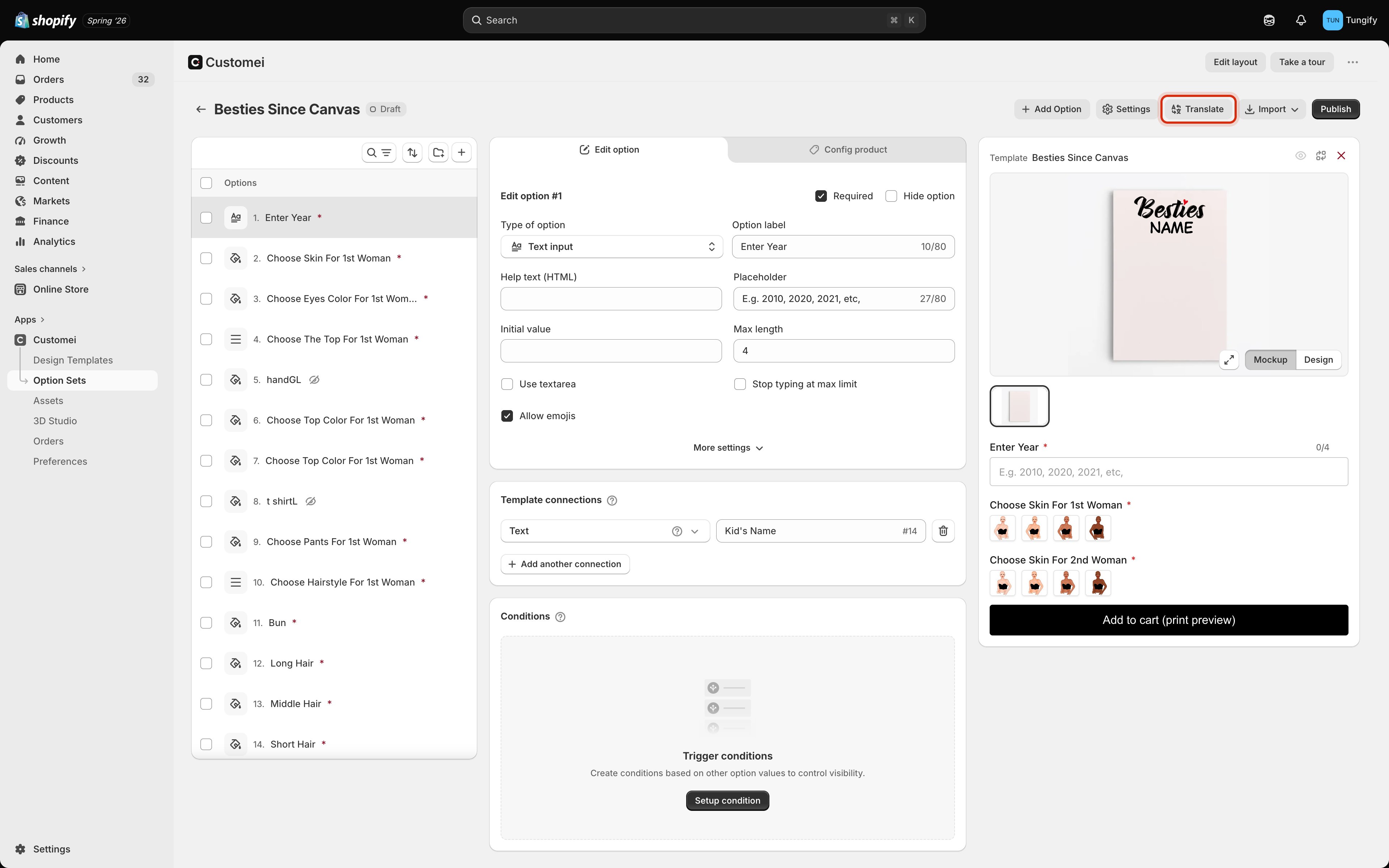 An option set detail page in Shopify admin with the Translate action highlighted in the top bar next to Add Option, Settings, Import and Publish.