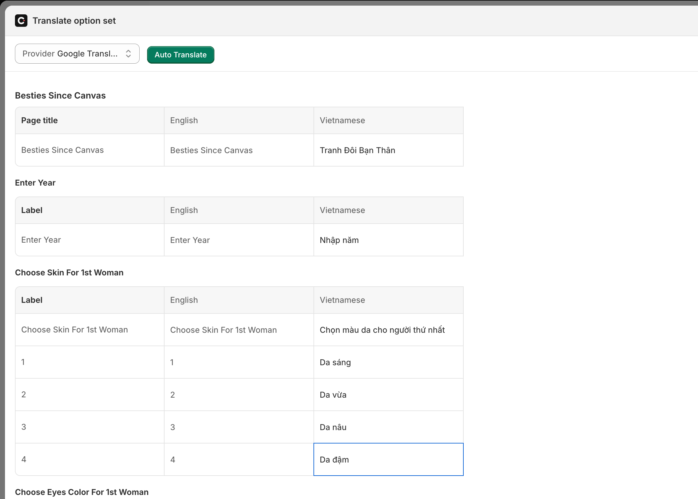 The Translate option set screen showing rows for the page title Besties Since Canvas, the label Enter Year, and the label and four values of Choose Skin For 1st Woman, with Vietnamese translations typed in the right-hand column.
