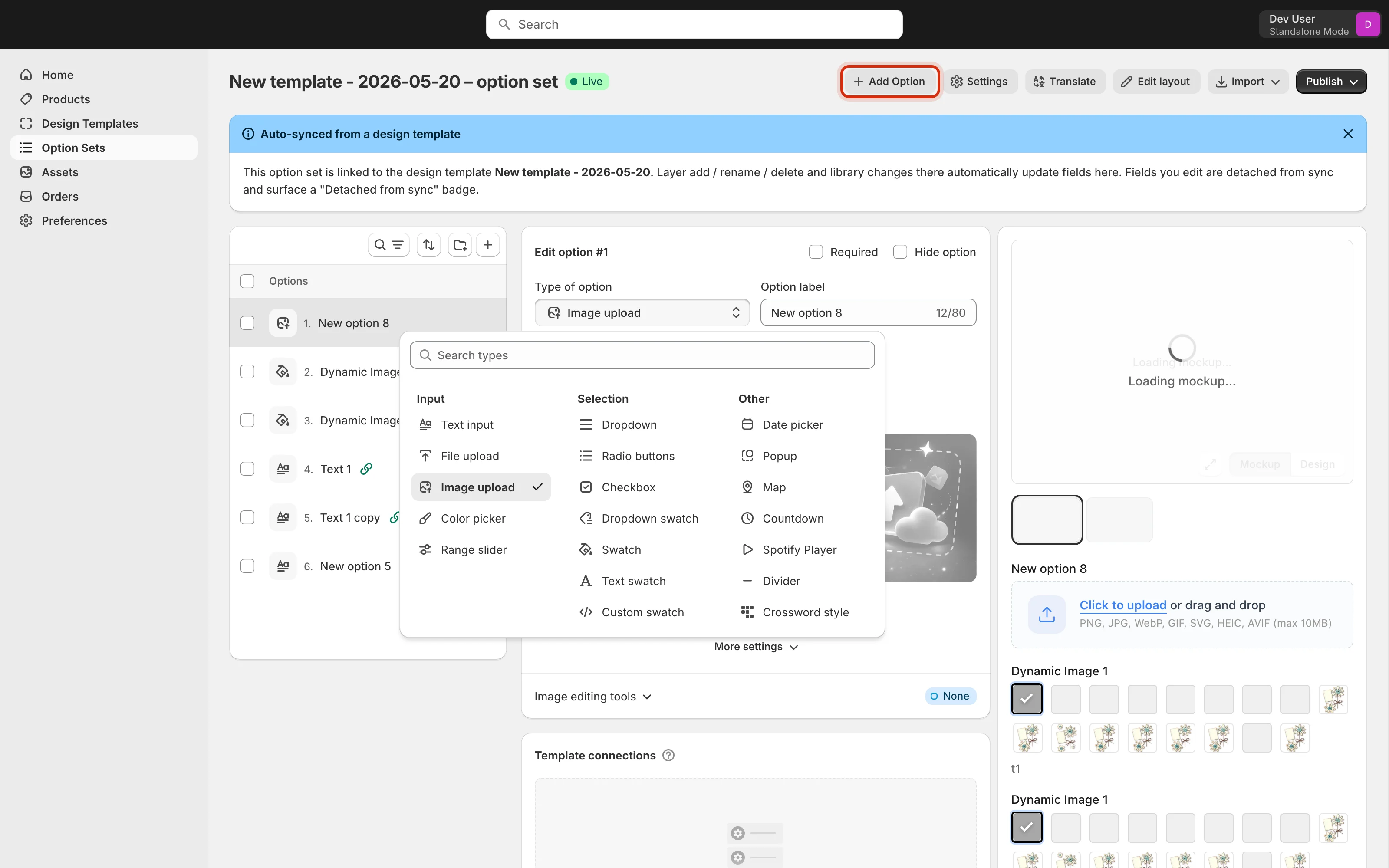 Option type picker open, showing input, selection and other field types, with the Add Option button highlighted