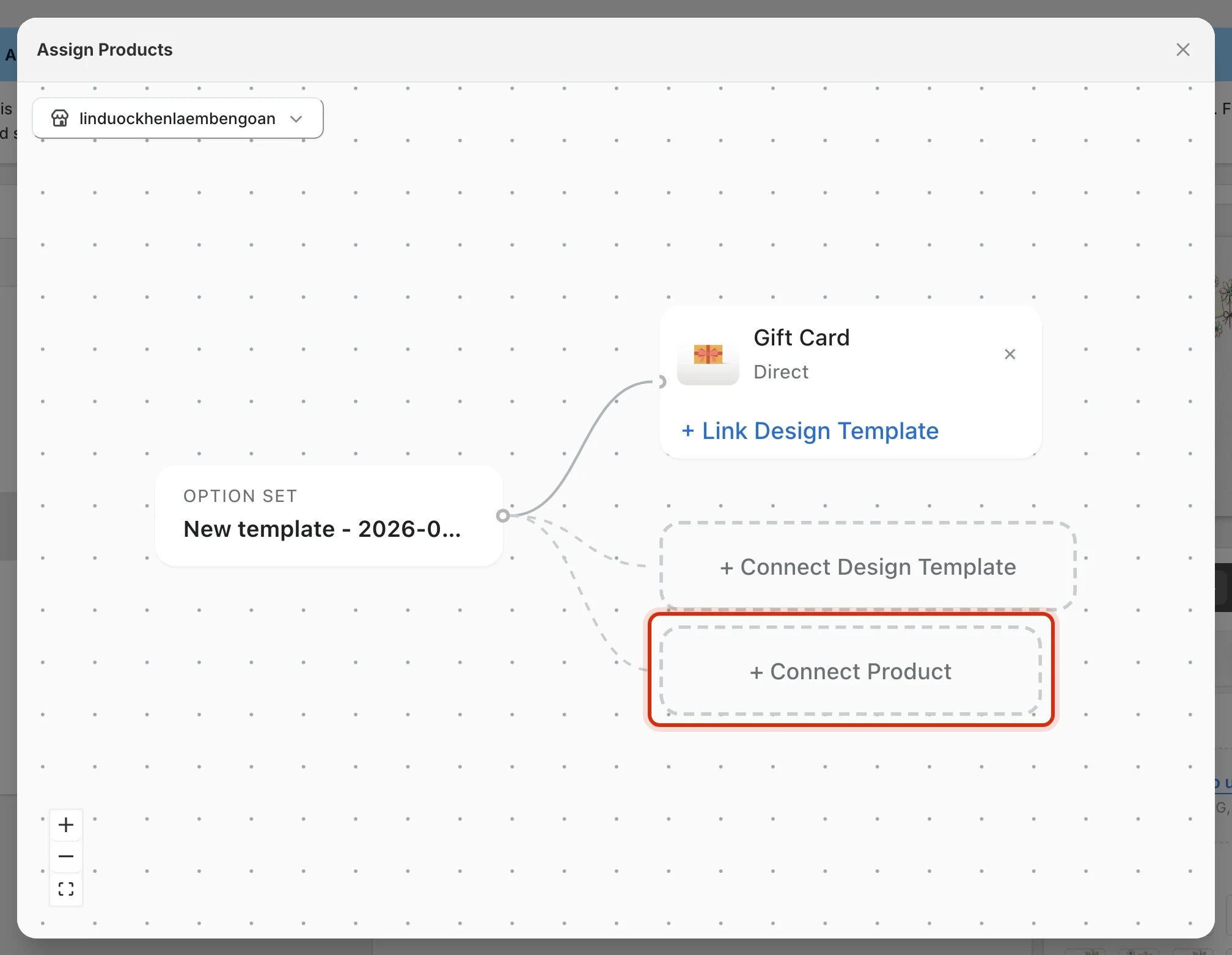 Assign Products canvas showing the option set connected to a product, with Connect Product highlighted