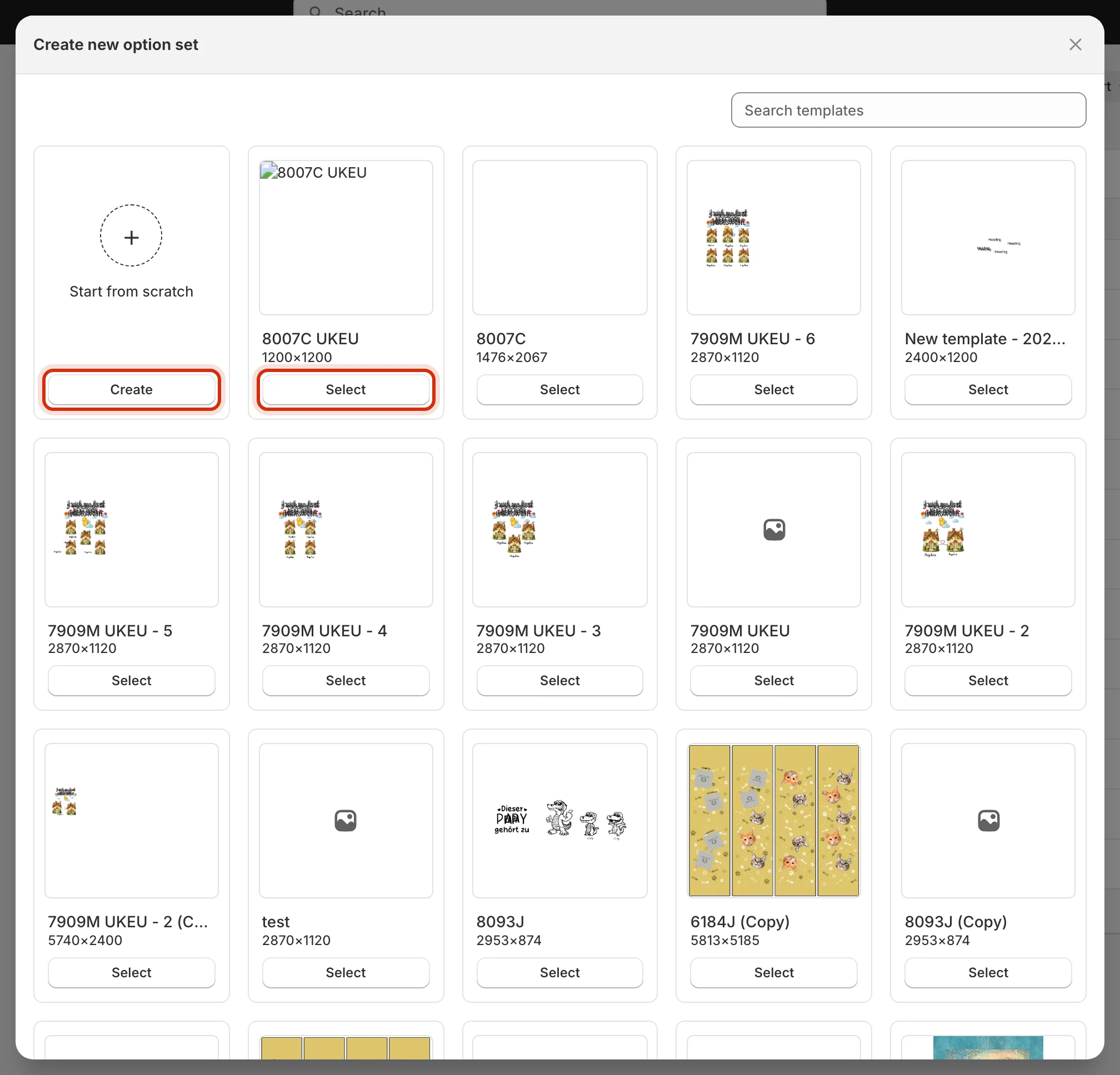 Create new option set dialog with a start-from-scratch card and a grid of design templates