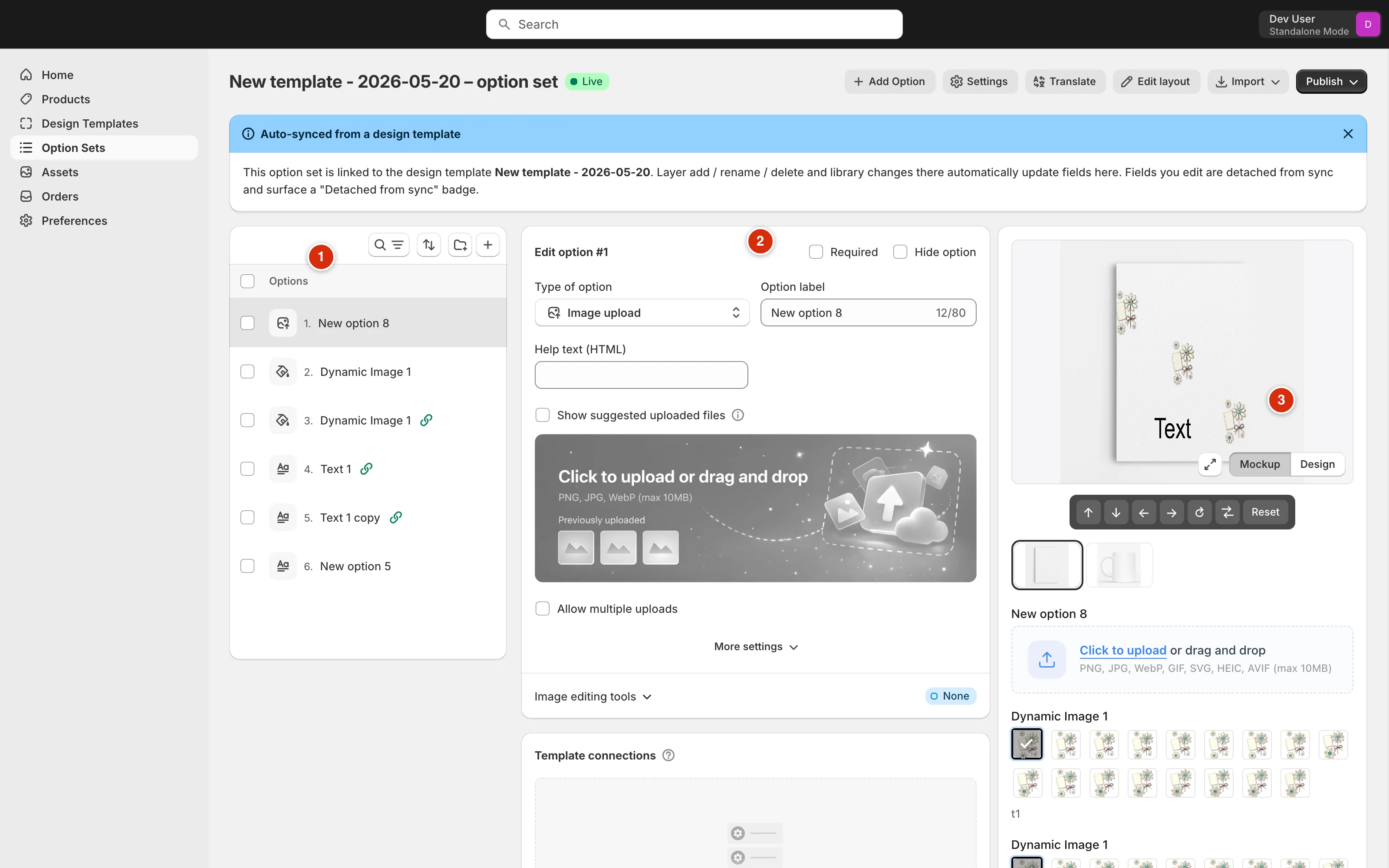 Option set editor with numbered callouts on the options list, the edit panel, and the live preview