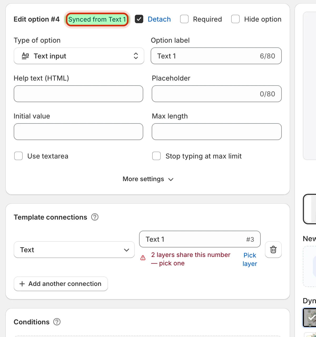 Edit panel for a text option with the Synced from Text 1 badge highlighted