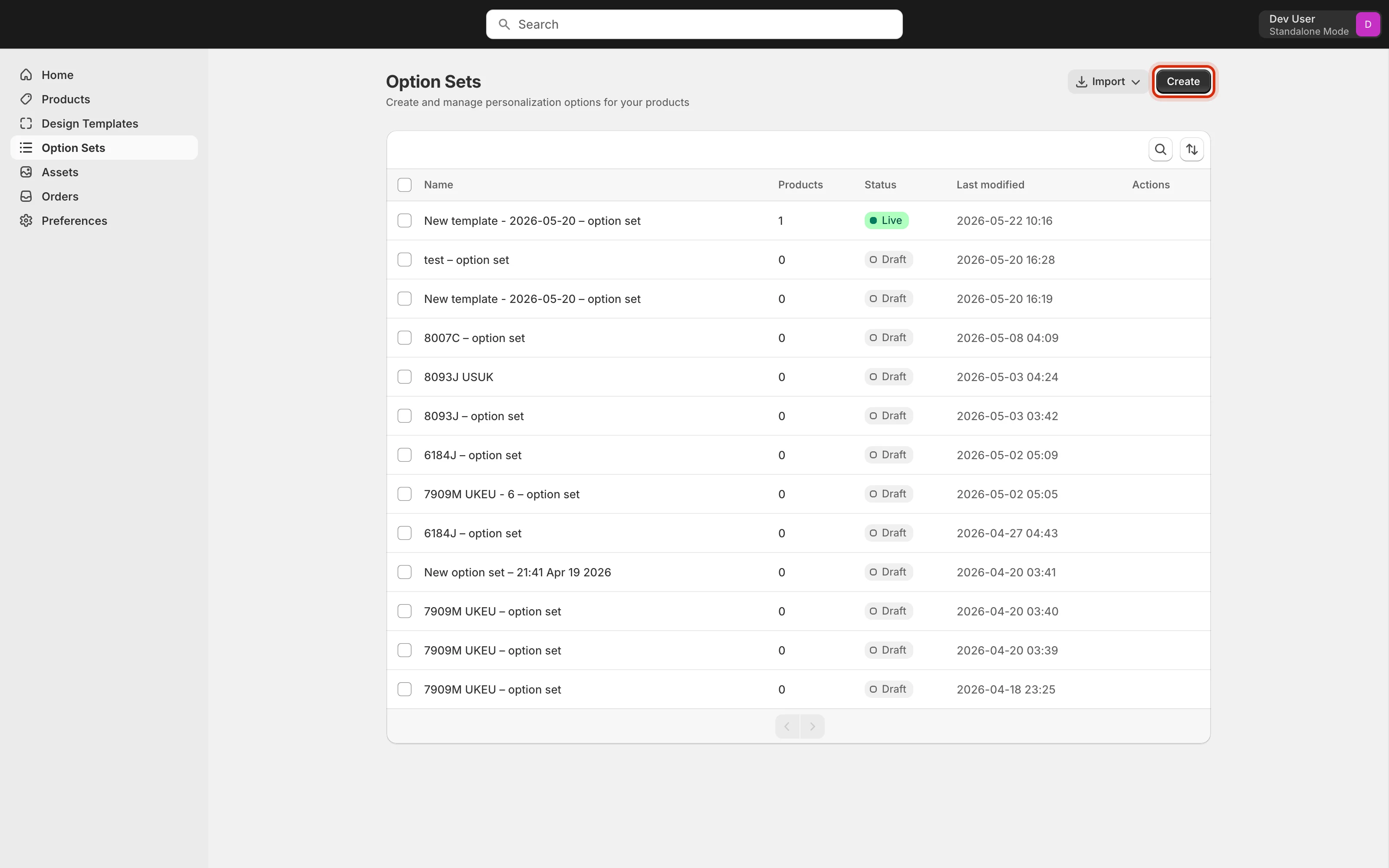 Option Sets listing page with the Create button highlighted