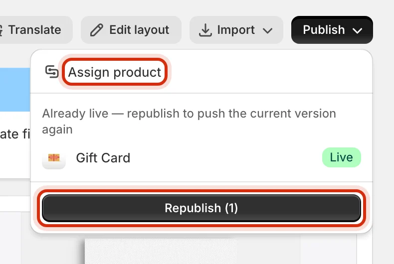 Publish popover with Assign product and the Republish button highlighted