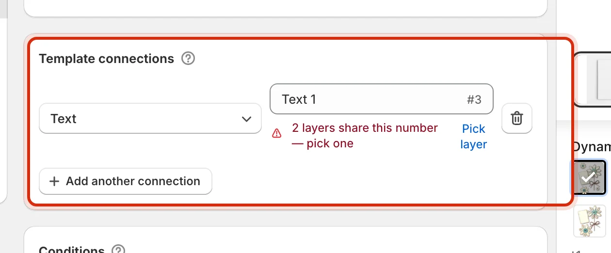 Template connections section with a Text connection bound to the Text 1 layer, highlighted
