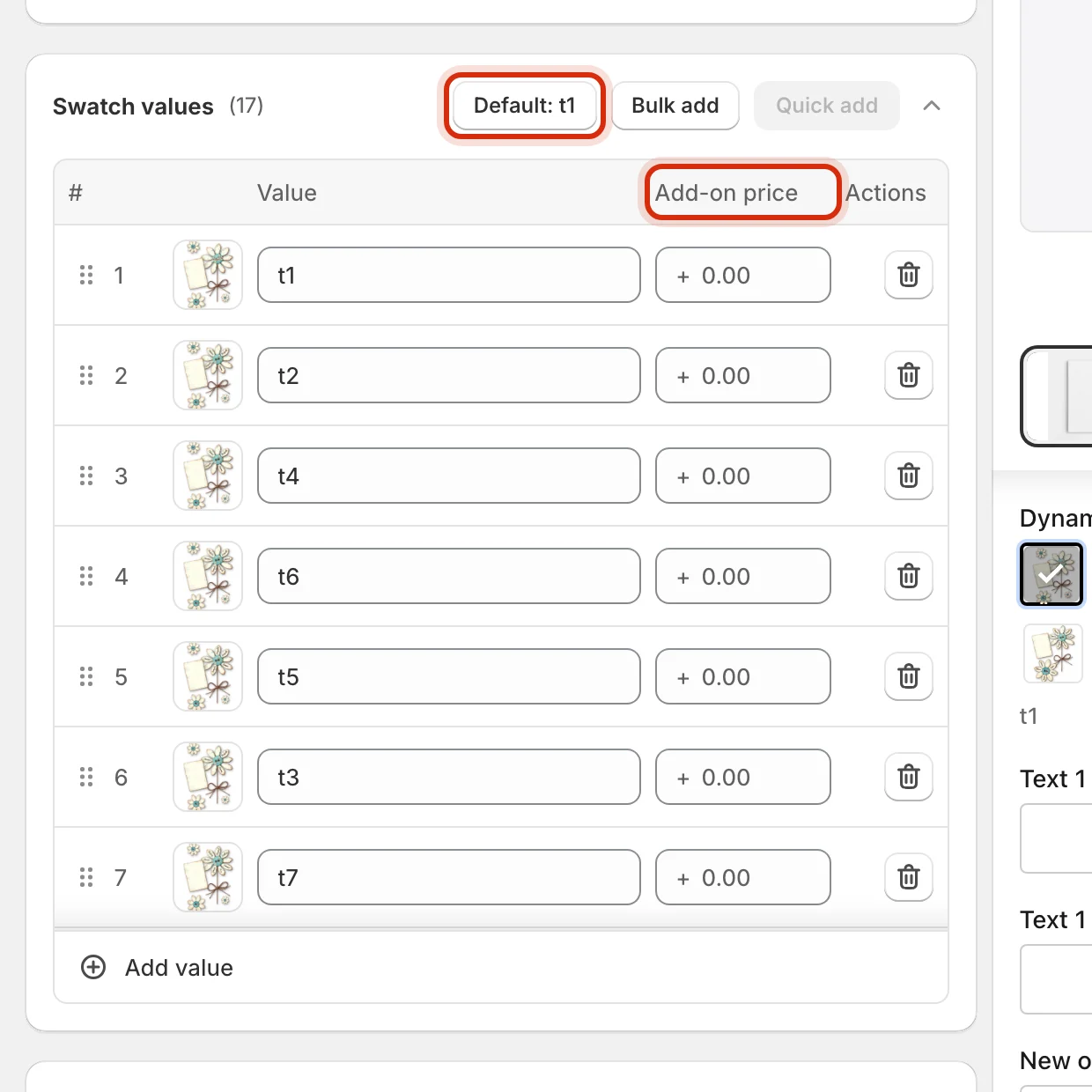 Swatch values table with the Default button and the Add-on price column highlighted
