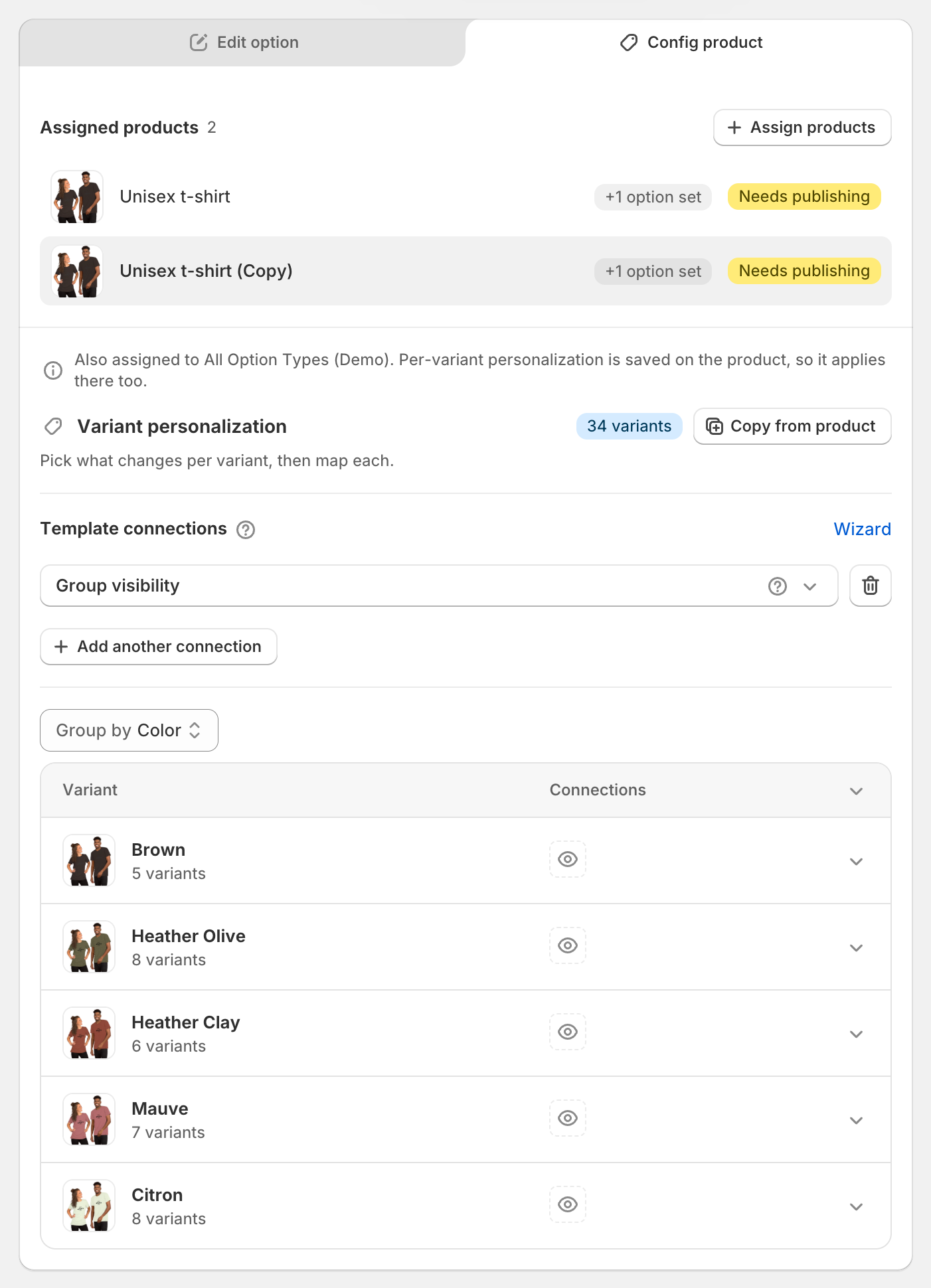 The Config product tab listing assigned products with thumbnails and status labels, the first product selected, and its Variant personalization settings below.