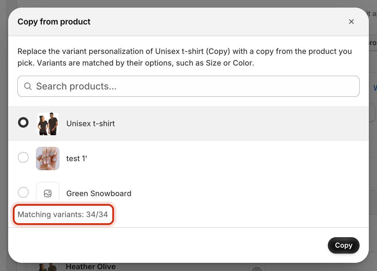 The Copy from product dialog with a search box, a list of products with one selected, a Matching variants count at the bottom, and Cancel and Copy buttons.