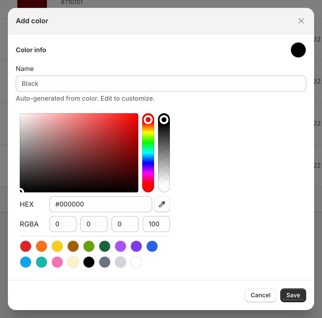 The Add color dialog showing a Name field reading Black with the help text Auto-generated from color. Edit to customize, a colour picker, HEX and RGBA fields, an eyedropper, and a row of preset swatches.