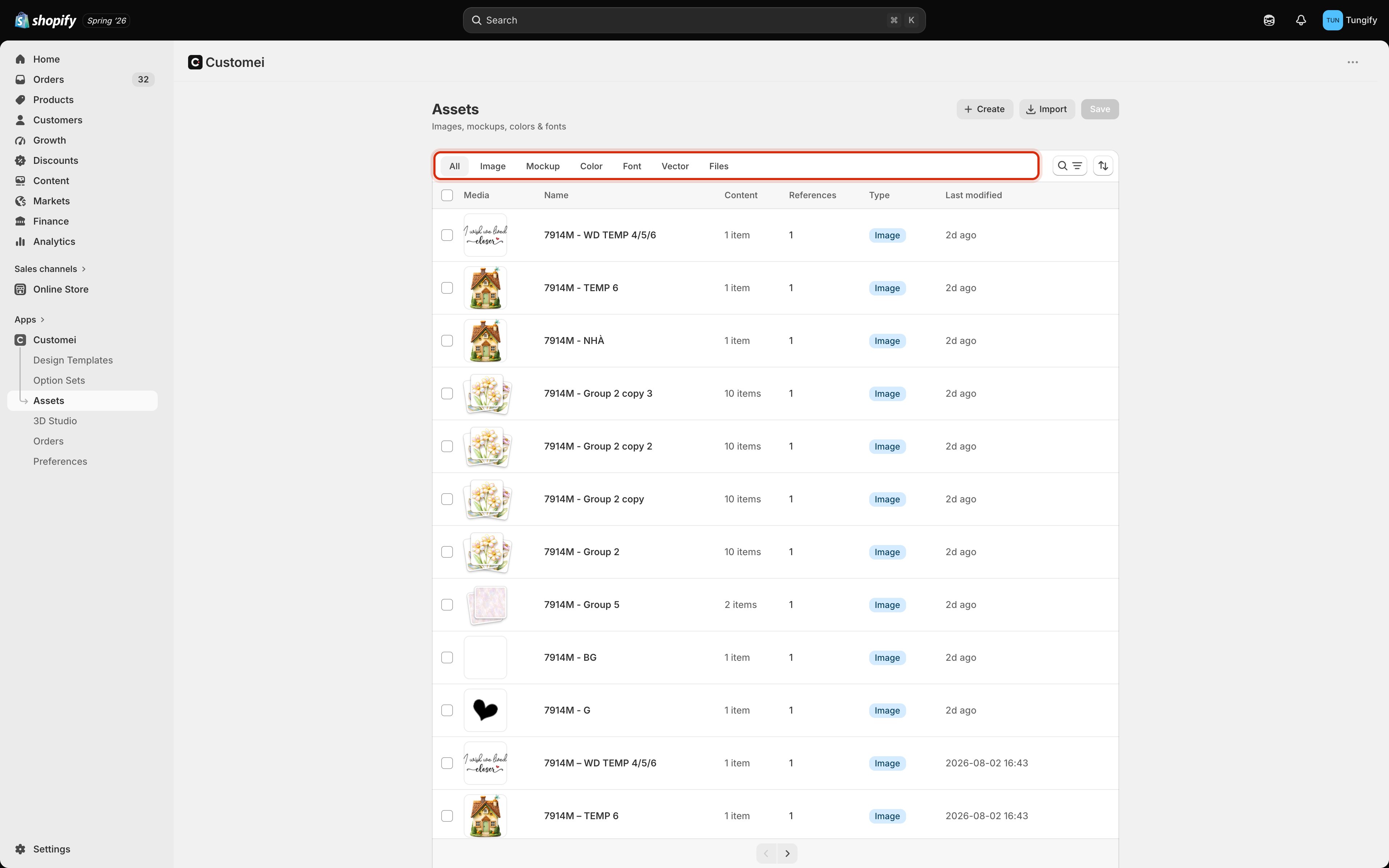 The Assets page inside Shopify admin, showing the tab strip All, Image, Mockup, Color, Font, Vector, Files and a table of libraries with Media, Name, Content, References and Last modified columns.