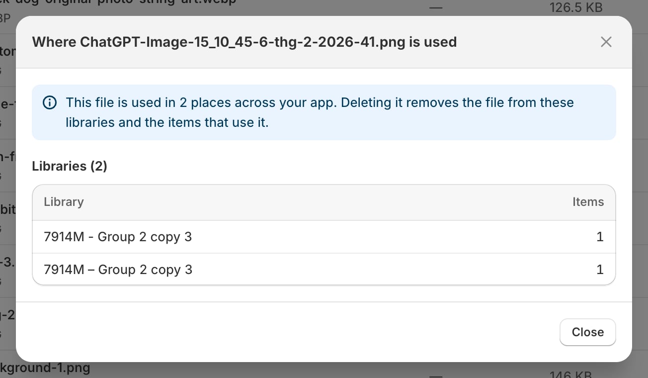 A dialog titled Where this file is used, with the line This file is used in 2 places across your app, above a table of the two libraries holding it and how many items each contributes.