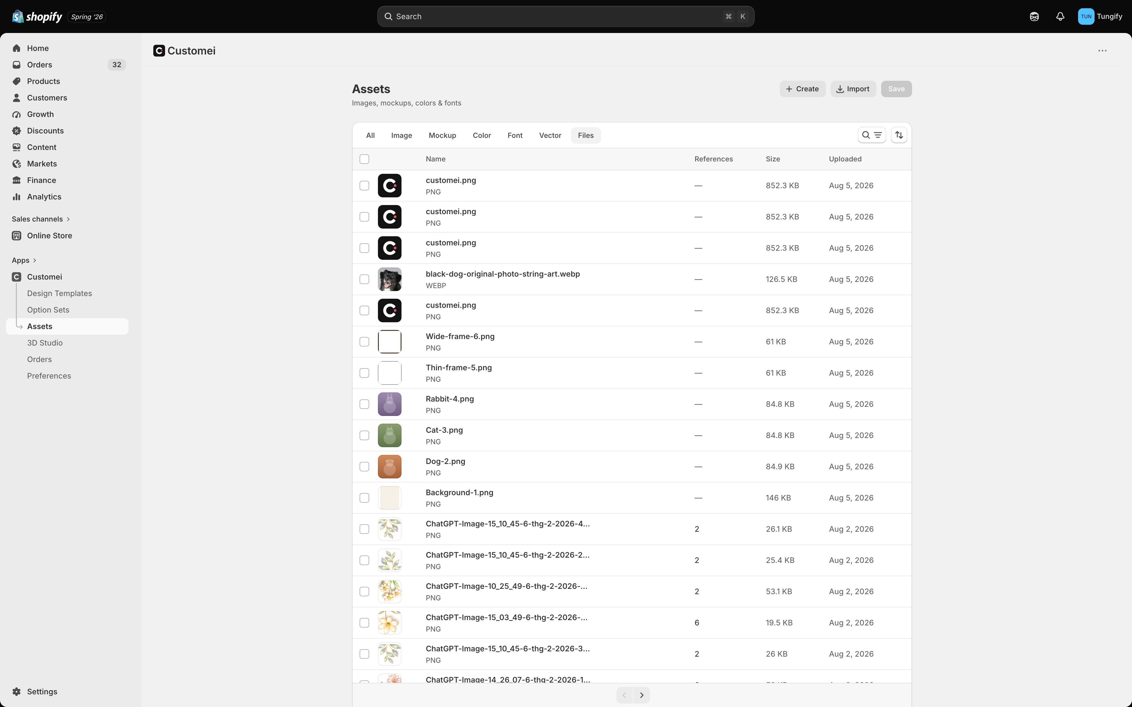 The Files tab of the Assets page listing files in a table with Name, References, Size and Uploaded columns.