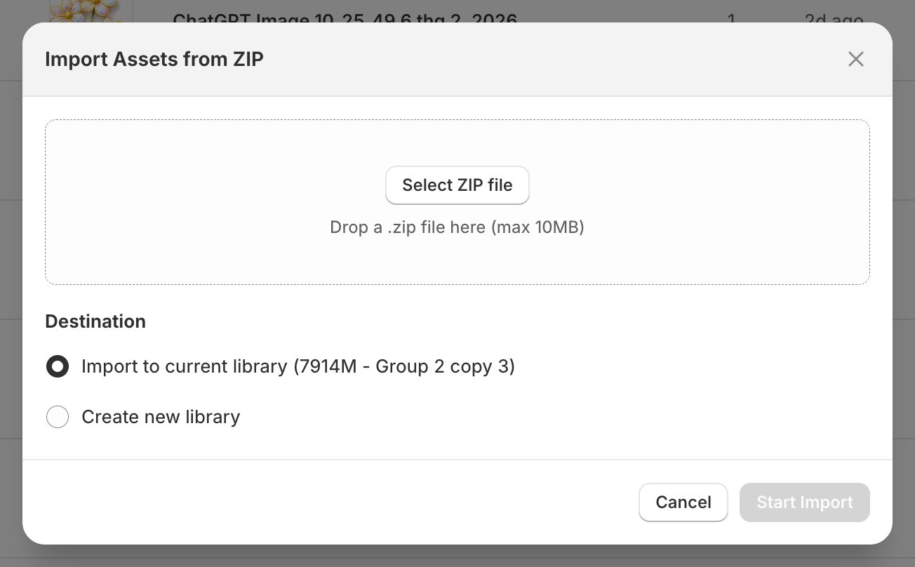 The Import Assets from ZIP dialog with a Select ZIP file drop zone reading Drop a .zip file here, max 10MB, and a Destination section offering Import to current library or Create new library.