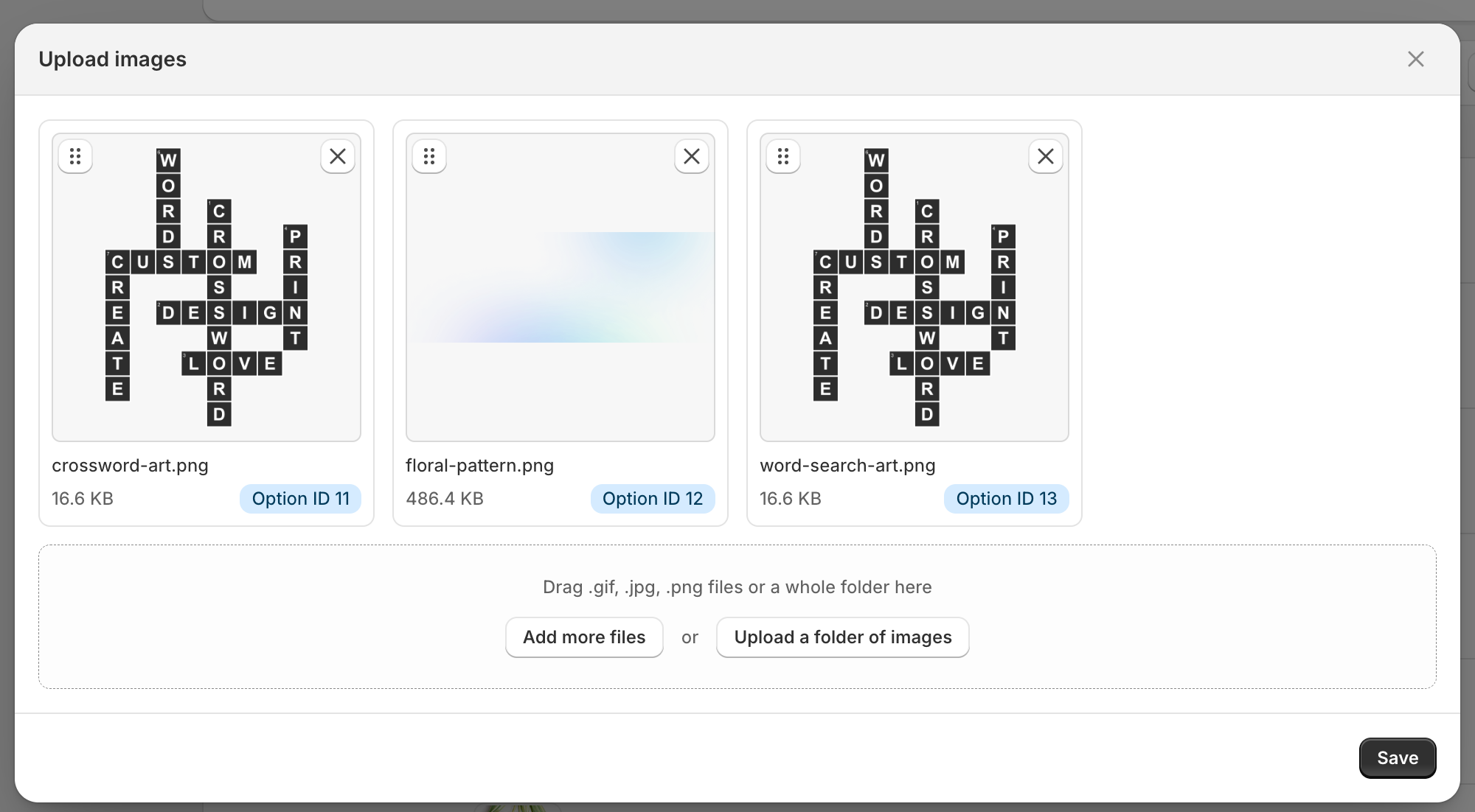 The Upload images dialog with three queued picture tiles, each showing its file name, size and an Option ID badge, above a drop zone reading Drag .gif, .jpg, .png files or a whole folder here with Add more files and Upload a folder of images buttons.