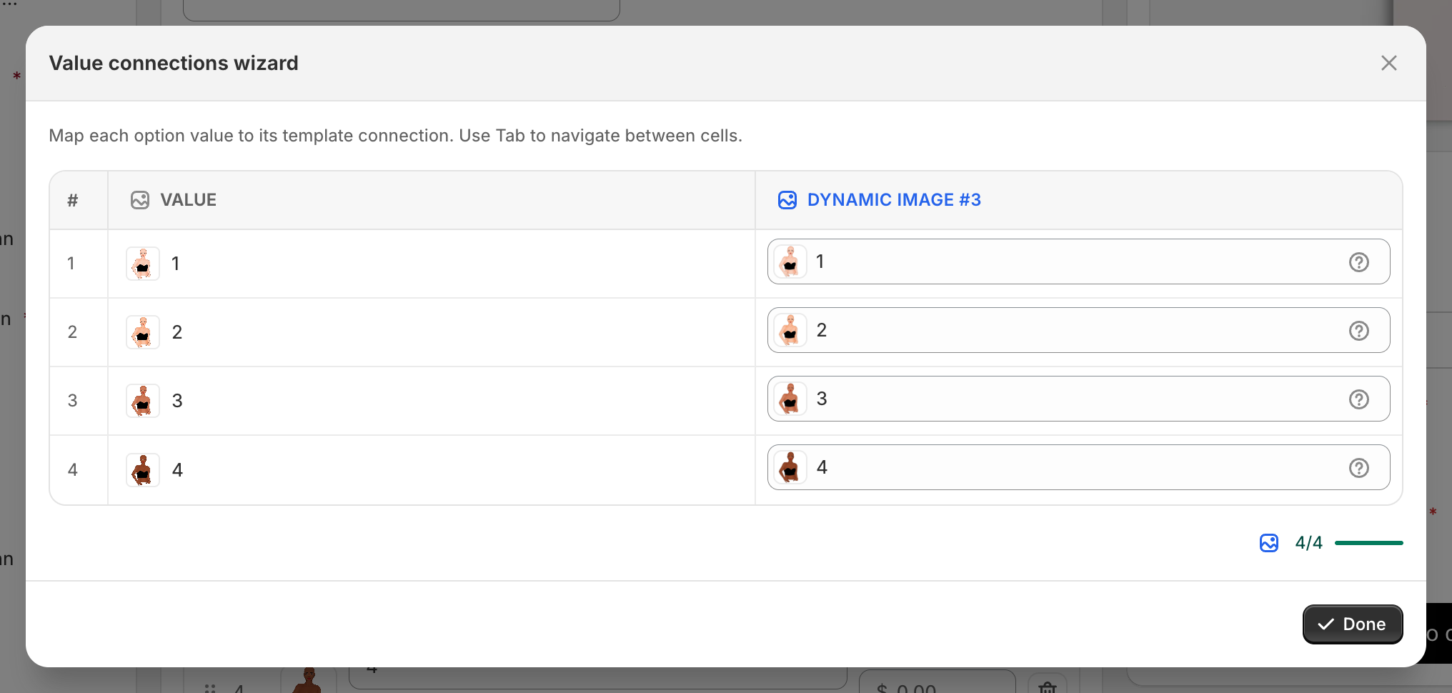 The Value connections wizard modal, with four value rows, a Dynamic image #3 column holding a picture for each row, a 4 of 4 counter with a green bar, and a Done button.