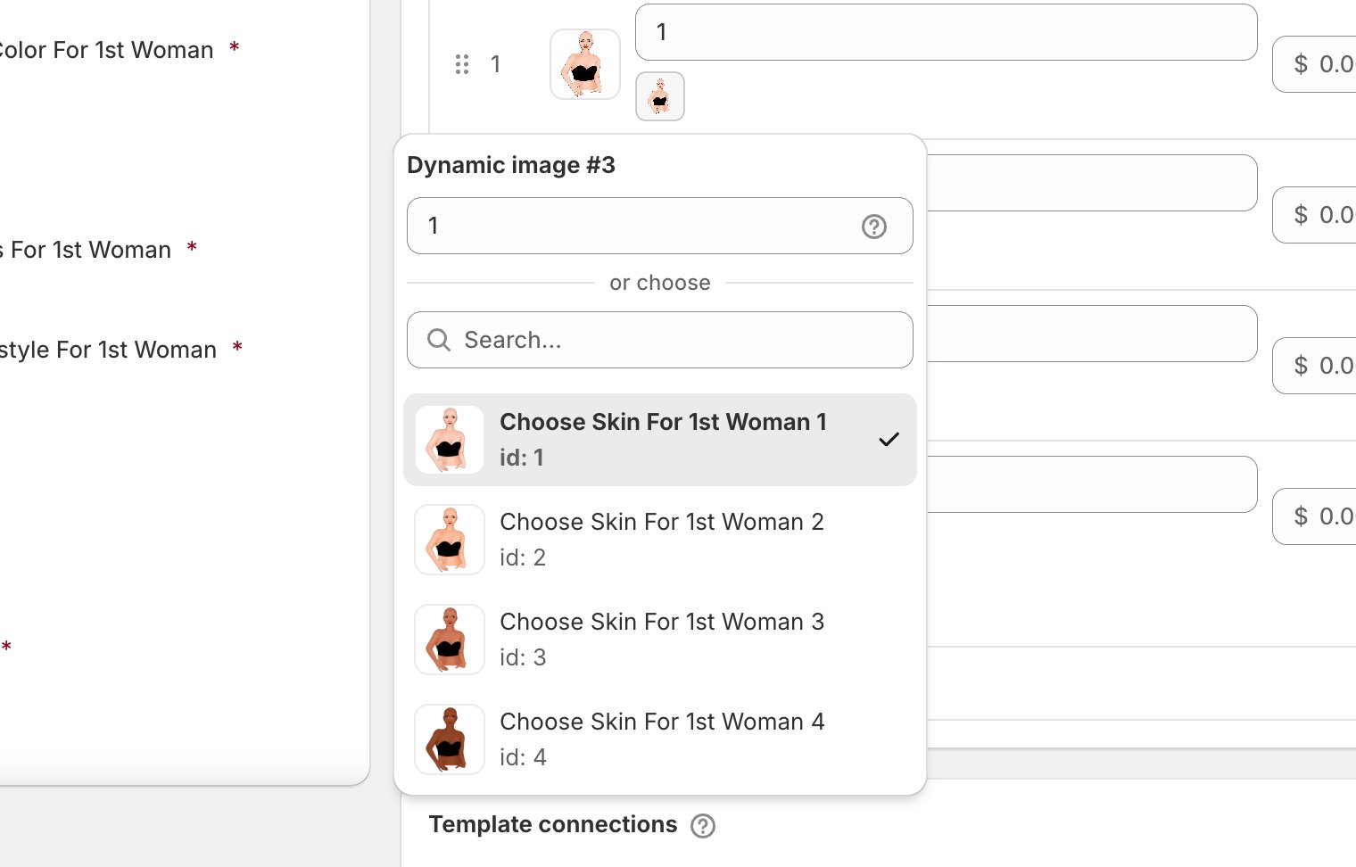 The connection picker popover opened from a value row, headed Dynamic image #3, with a typed value box, an or choose divider, a search field, and four pictures from the library each showing its id, the first one ticked.