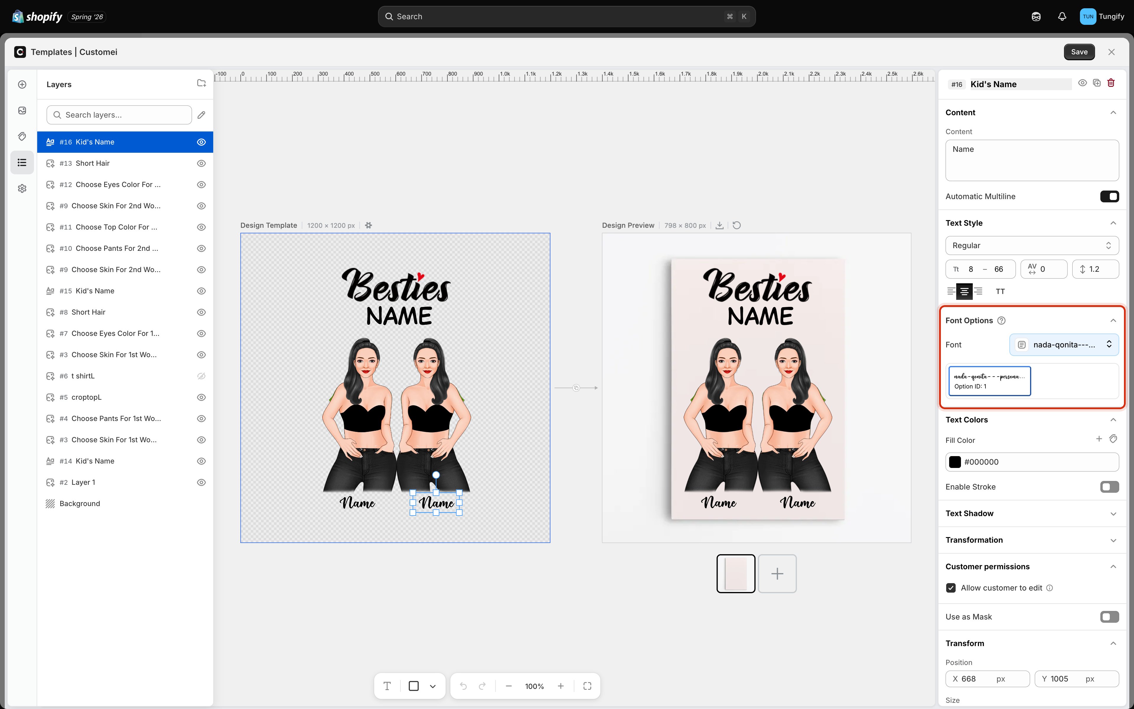 The Font Options section highlighted, showing a Font picker set to nada-qonita and, below it, a card previewing that font with the caption Option ID 1.