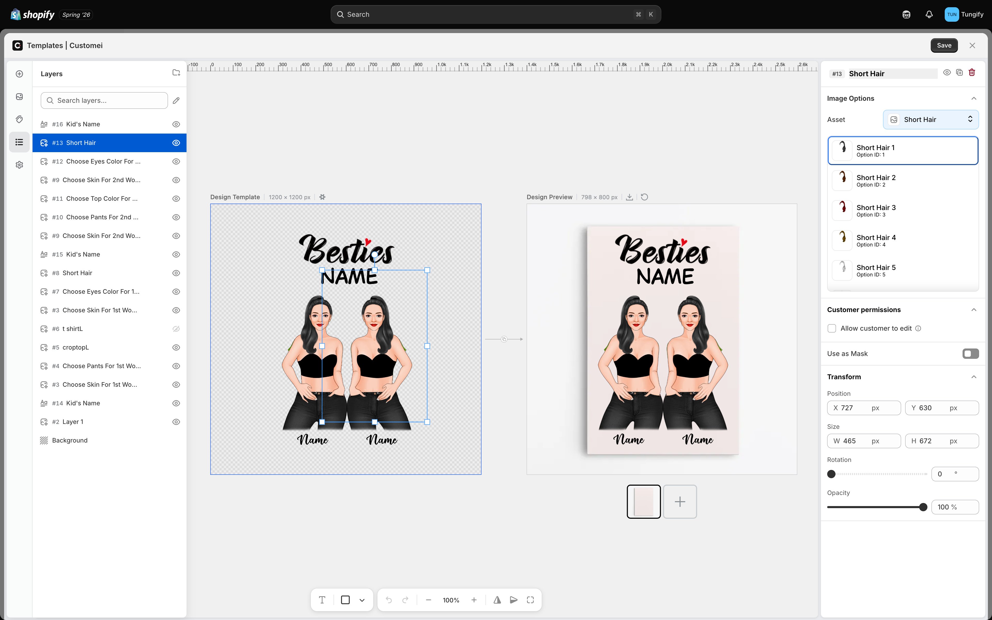 The editor with layer number 13, Short Hair, selected. The right panel shows Image Options with an Asset picker set to Short Hair, five picture choices each labelled Option ID one to five, then Customer permissions, Use as Mask, and Transform settings.