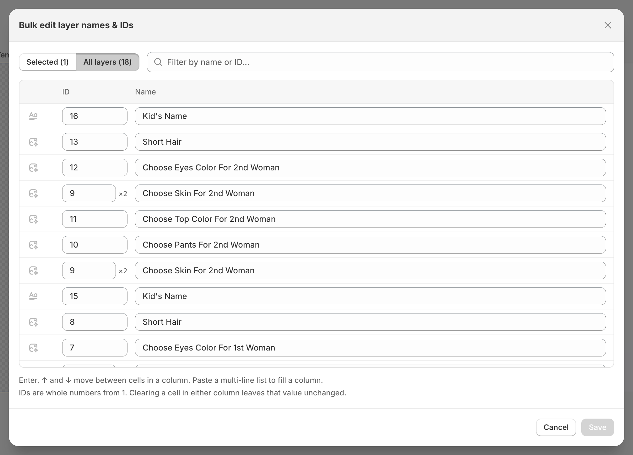 The Bulk edit layer names and IDs dialog showing Selected and All layers tabs, a filter box, and ID and Name columns for eighteen layers. Two rows share ID 9 and are marked times two.