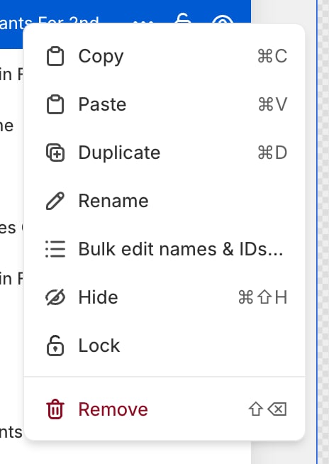 The layer right-click menu listing Copy, Paste, Duplicate, Rename, Bulk edit names and IDs, Hide, Lock, and Remove in red.