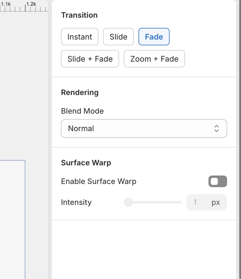 The right-hand panel showing a Transition section with Instant, Slide, Fade, Slide + Fade and Zoom + Fade buttons, a Rendering section with a Blend Mode dropdown set to Normal, and a Surface Warp section with an Enable Surface Warp toggle and an Intensity slider.