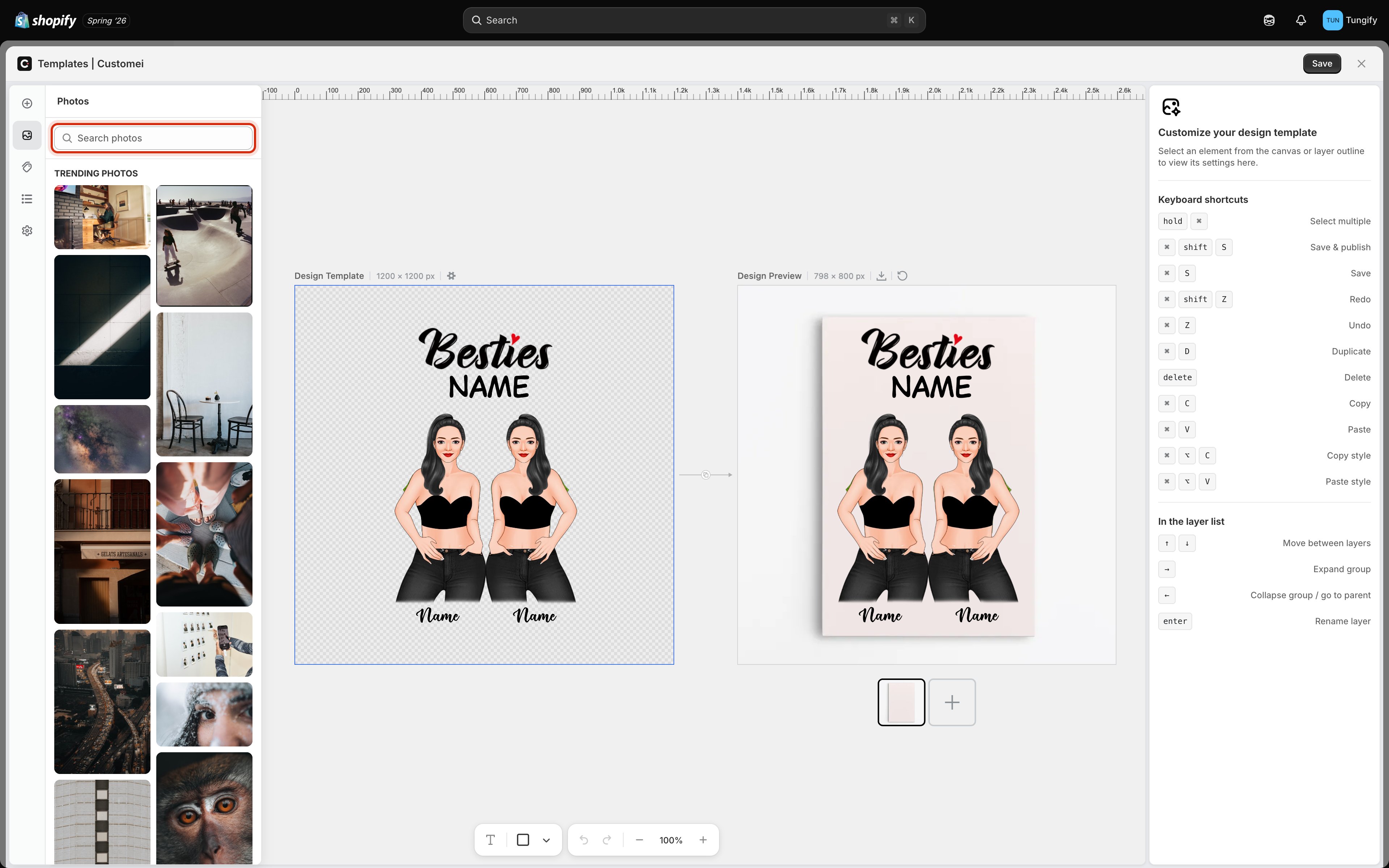The Photos panel in the editor showing a highlighted Search photos box above a grid of trending photographs with photographer credits underneath.