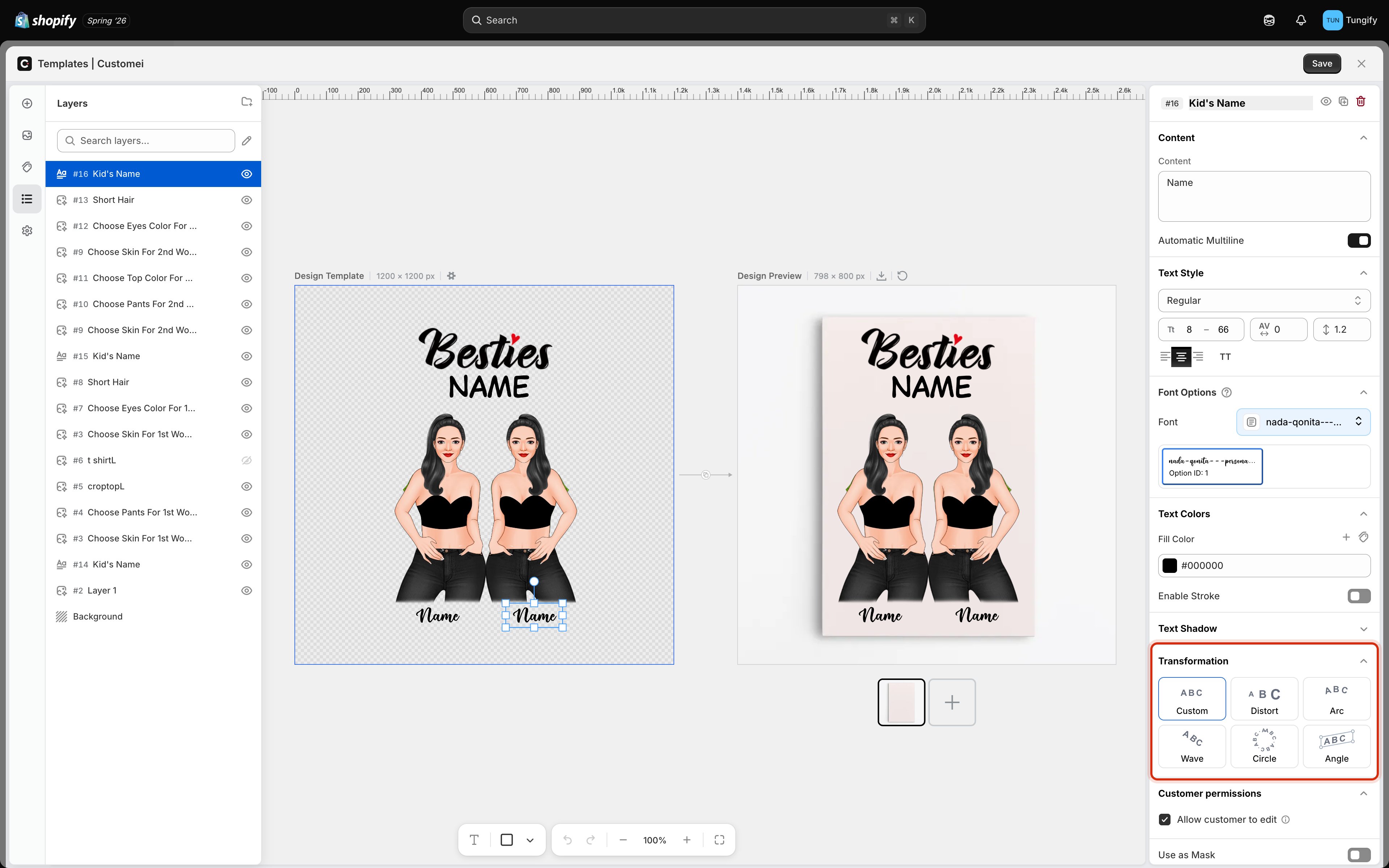 The Transformation section highlighted, showing six tiles each previewing the letters ABC: Custom, Distort, Arc, Wave, Circle and Angle, with Custom selected.