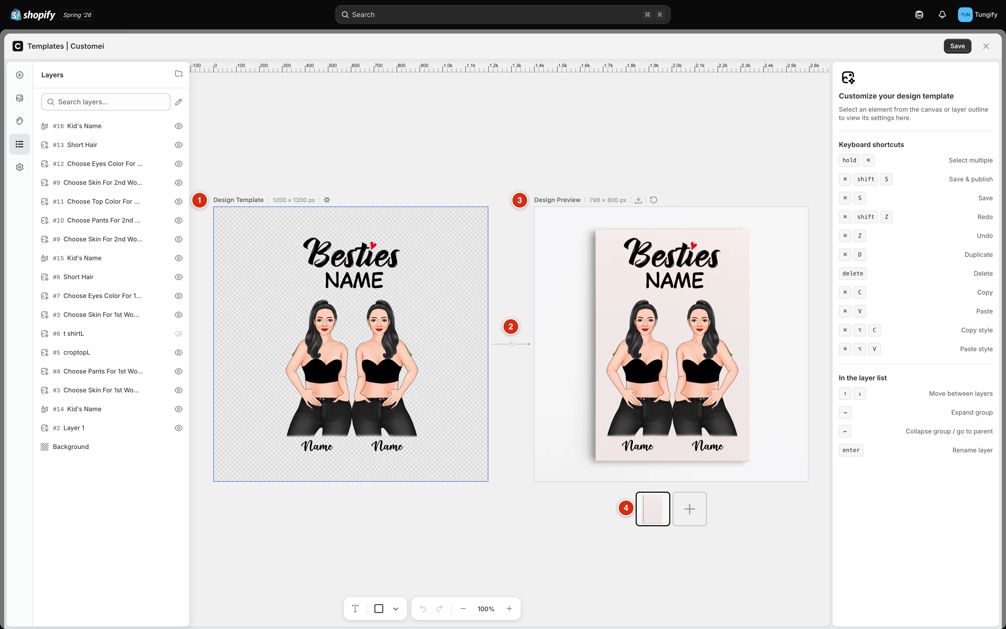 The template editor showing the Design Template canvas on the left, the Design Preview canvas on the right with the artwork on a canvas print, a small round button on the arrow between them, and a strip of preview thumbnails below.