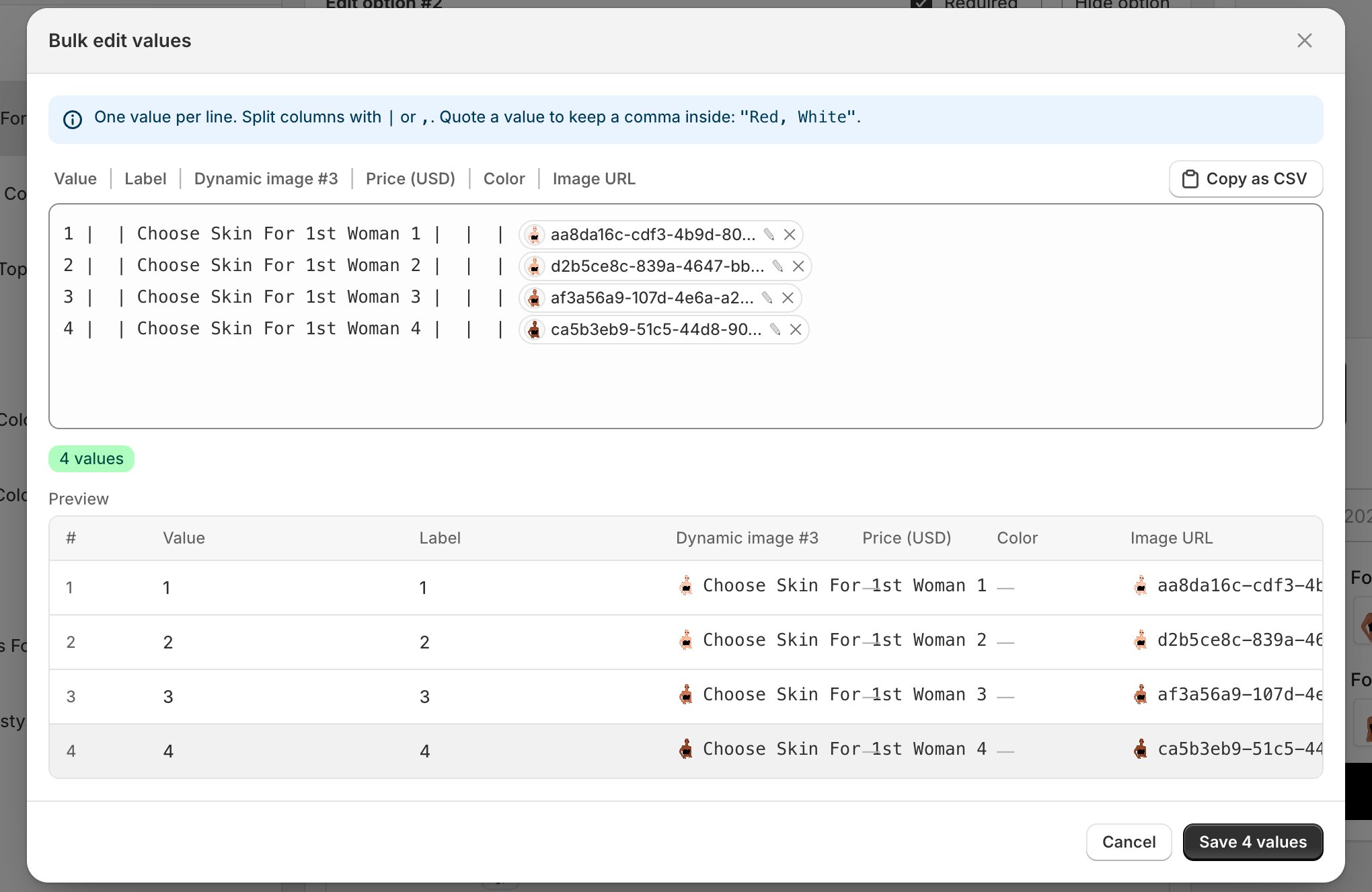 The Bulk edit values dialog, showing a hint about one value per line, a column header reading Value, Label, Dynamic image, Price in USD, Color and Image URL, a text area with four lines of values, a badge reading 4 values, a Preview table below, and Cancel and Save 4 values buttons.