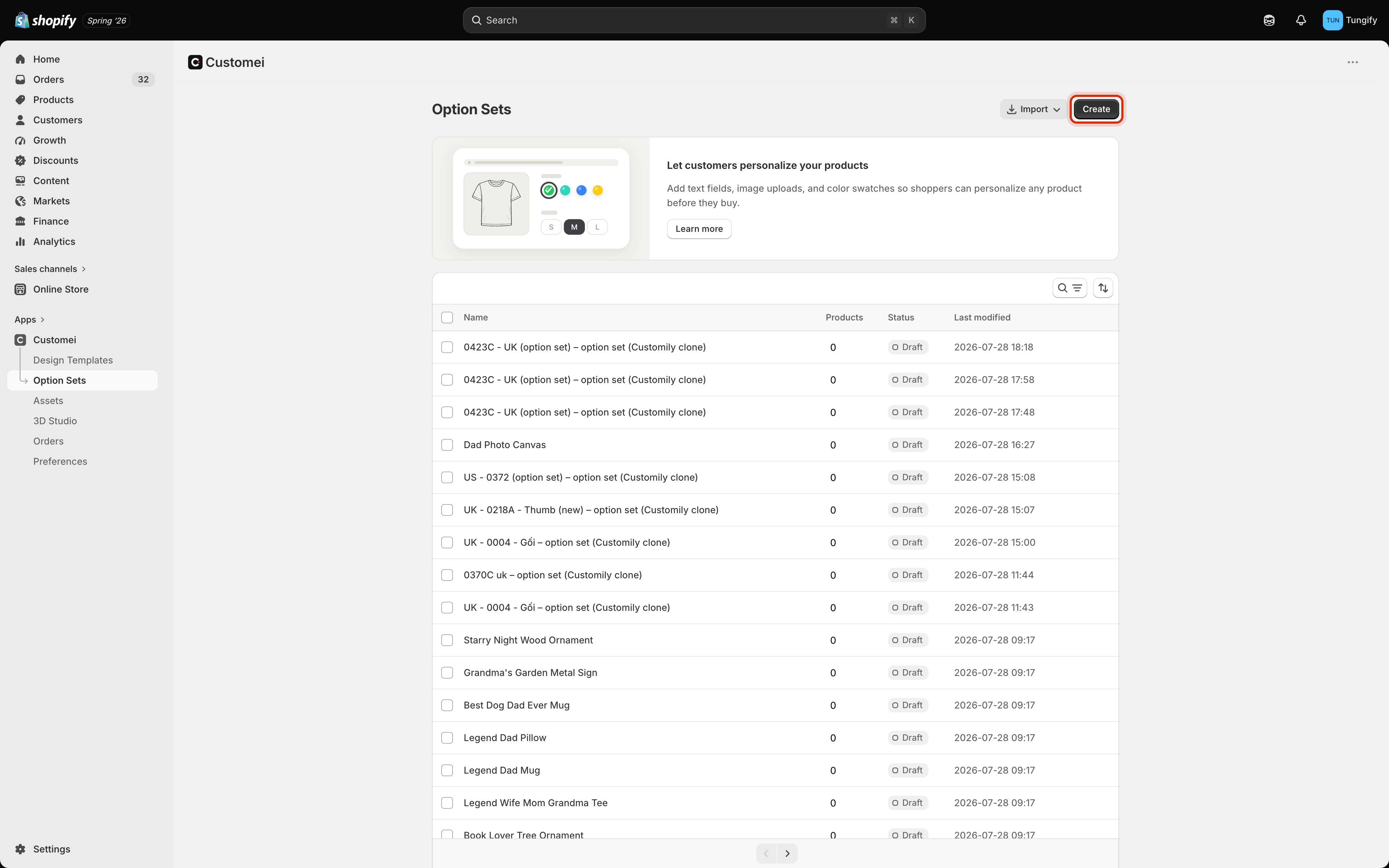 The Option Sets page inside Shopify admin, listing option sets with Name, Products, Status, and Last modified columns. The Create button in the top right is highlighted.