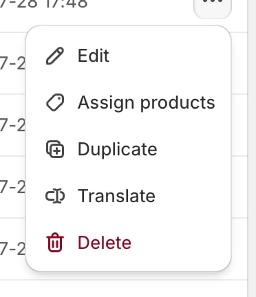 A small menu over an option set row listing Edit, Assign products, Duplicate, Translate, and Delete.