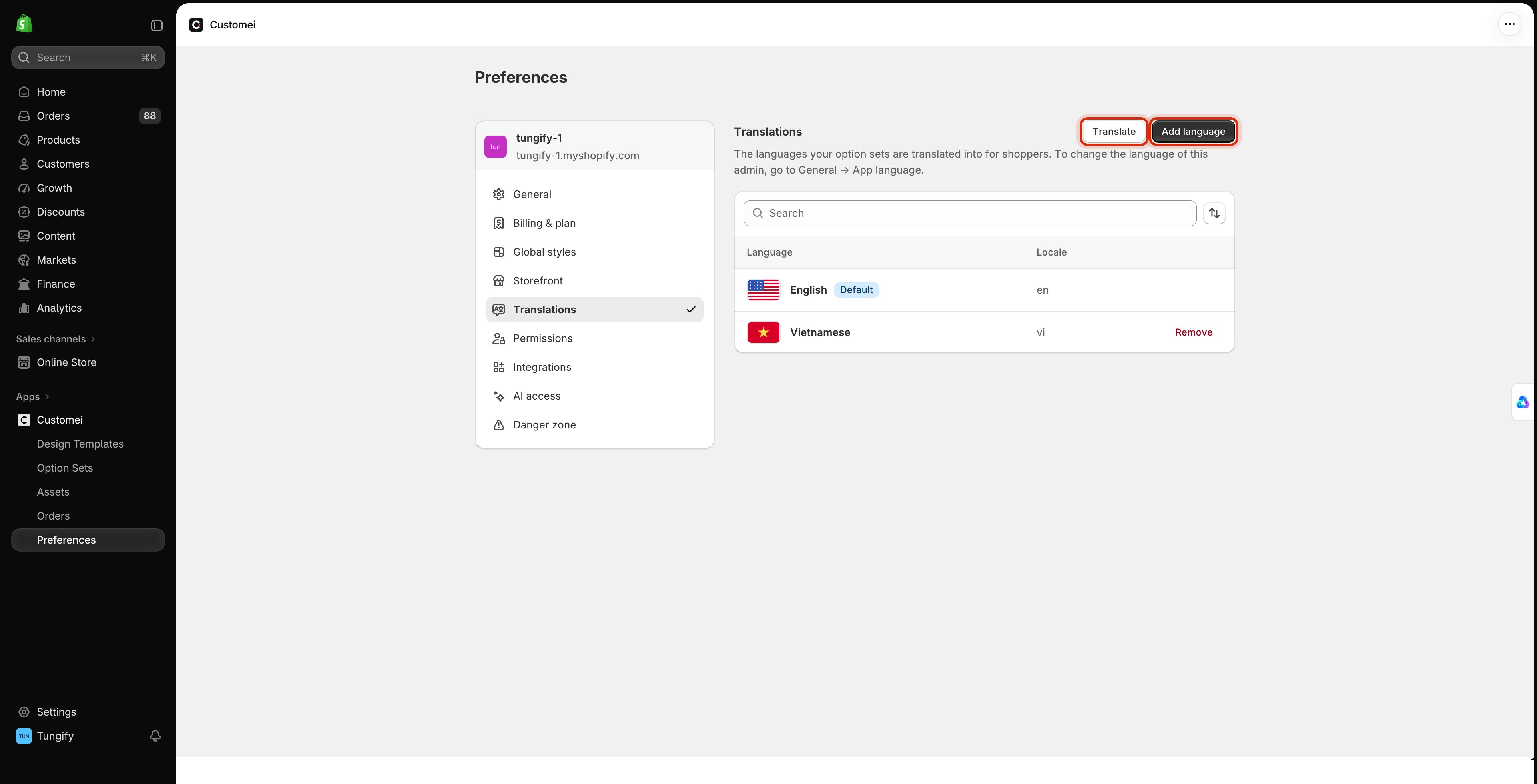 The Translations tab in Customei preferences inside Shopify admin, listing English as the default language and Vietnamese below it, with the Translate and Add language buttons highlighted.