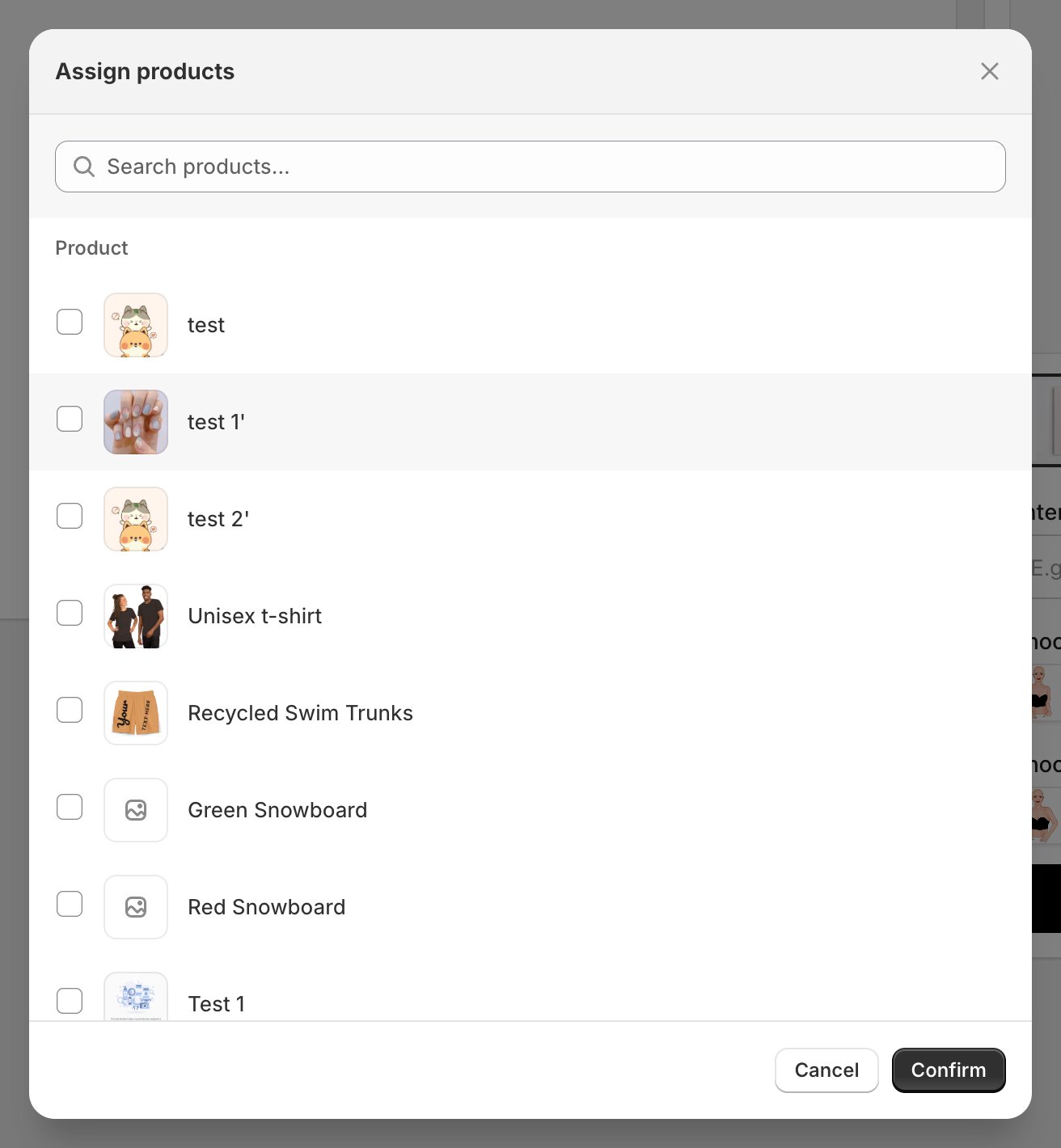The Assign products dialog listing the store's products with checkboxes, a search box, and Cancel and Confirm buttons.
