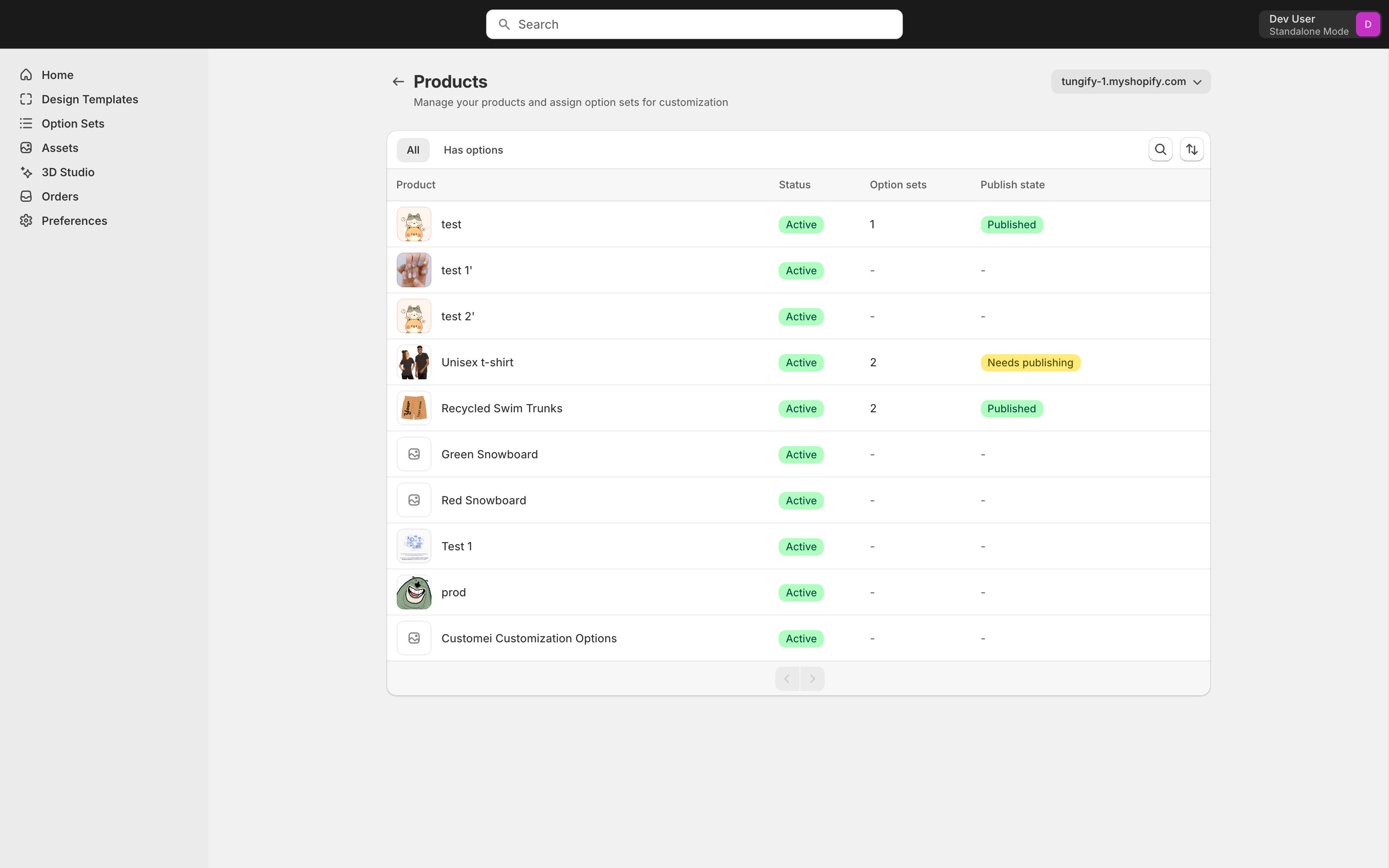 The Products page listing products with columns for Status, Option sets and Publish state, showing Published and Needs publishing labels.