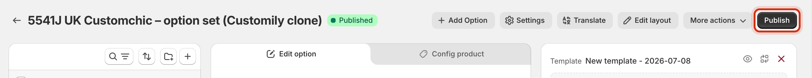 The header of a published option set, showing a green Published badge beside the name and the Publish button highlighted.