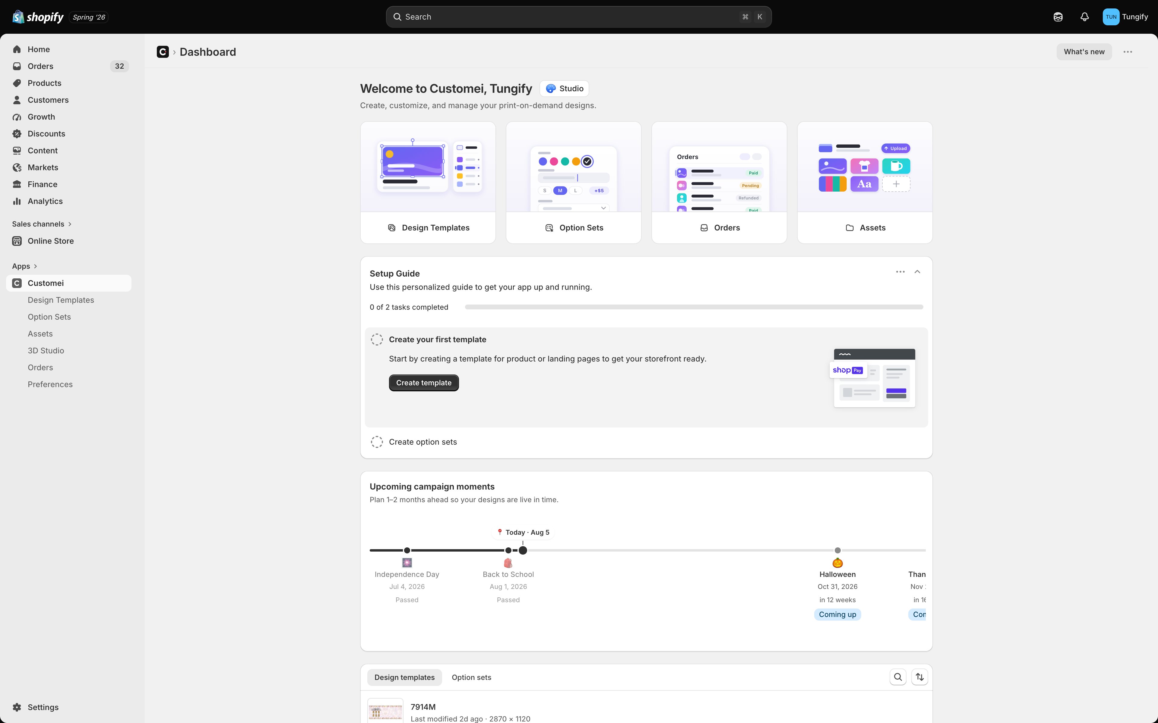 The Customei home page inside Shopify admin, showing the sidebar with Design Templates, Option Sets, Assets, Orders, and Preferences.