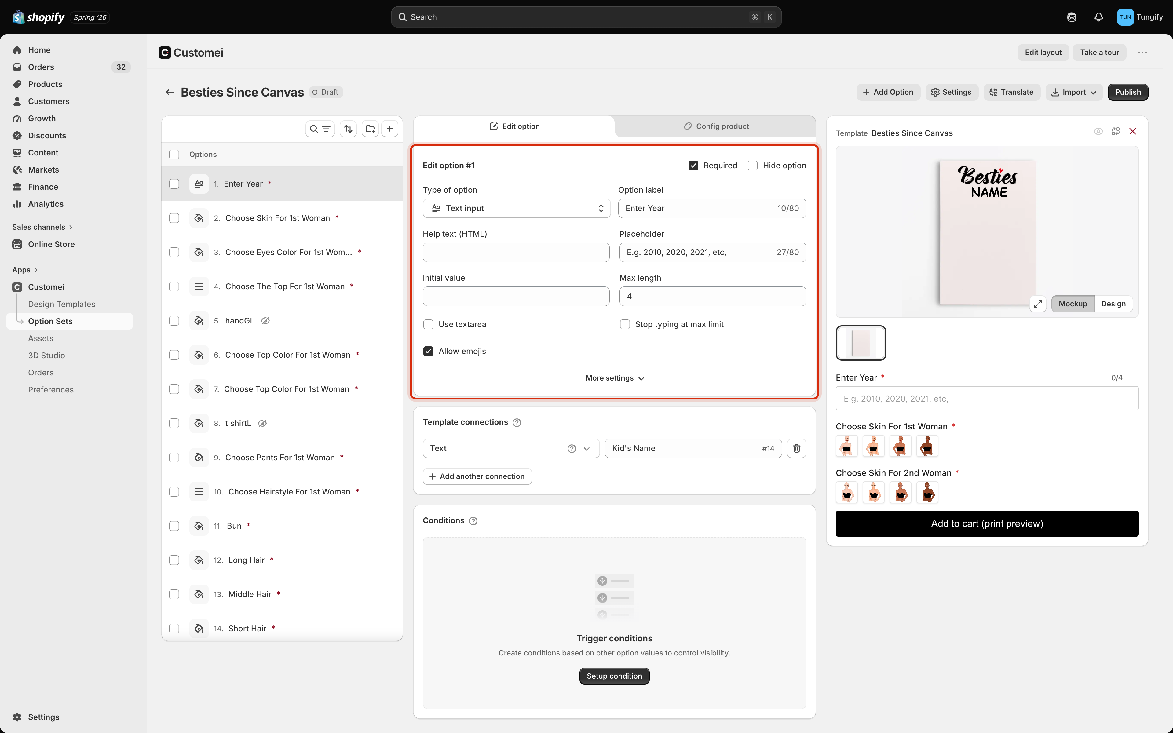 The Edit option panel highlighted, showing Required, Hide option, Type of option, Option label, Help text, Placeholder, Initial value, Max length, Use textarea, Stop typing at max limit and Allow emojis.