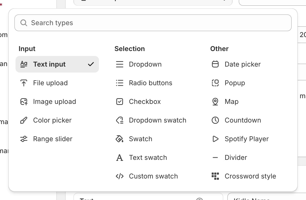 The option type picker showing three columns, Input, Selection and Other, with all available option types.