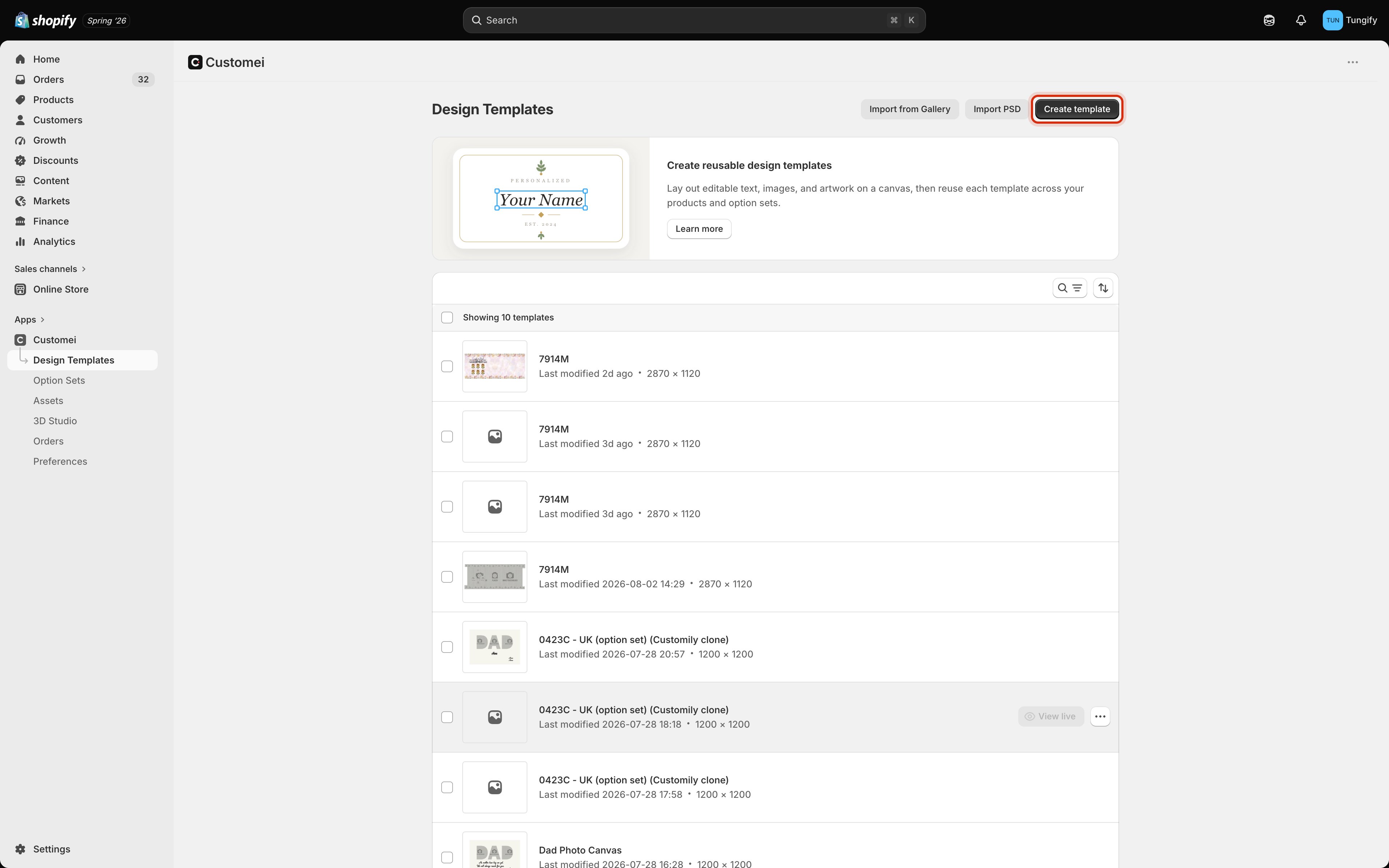 The Design Templates page listing saved templates with their names, last-modified dates, and canvas sizes. The Create template button is highlighted.
