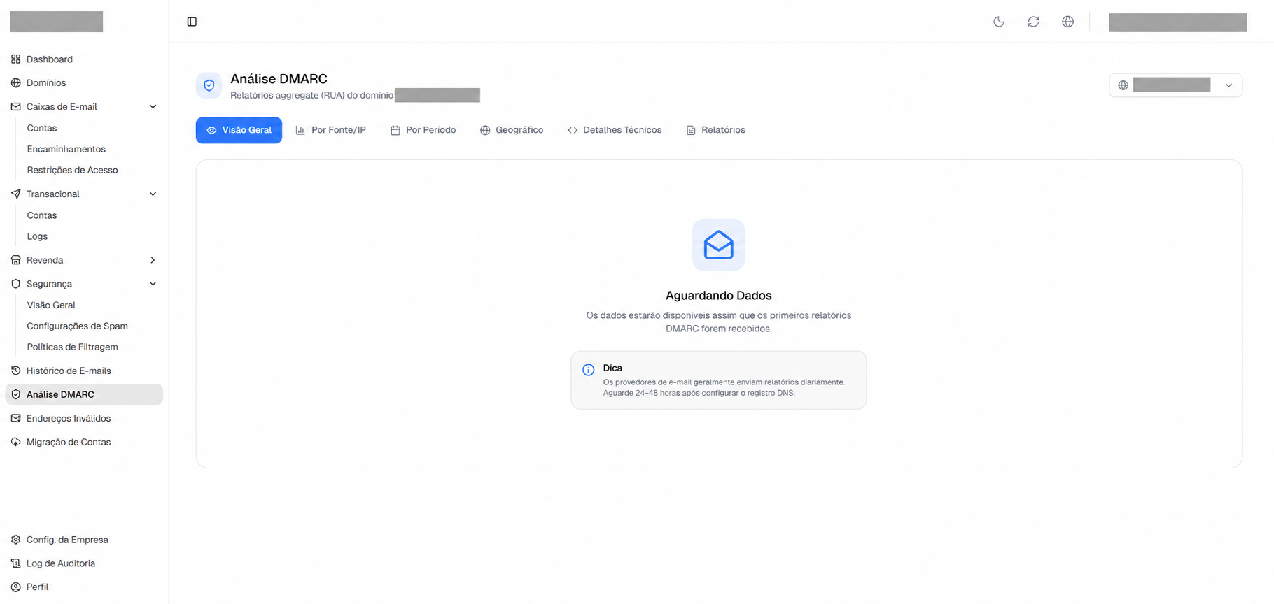 Análise DMARC com o aviso Aguardando Dados e orientações de verificação.