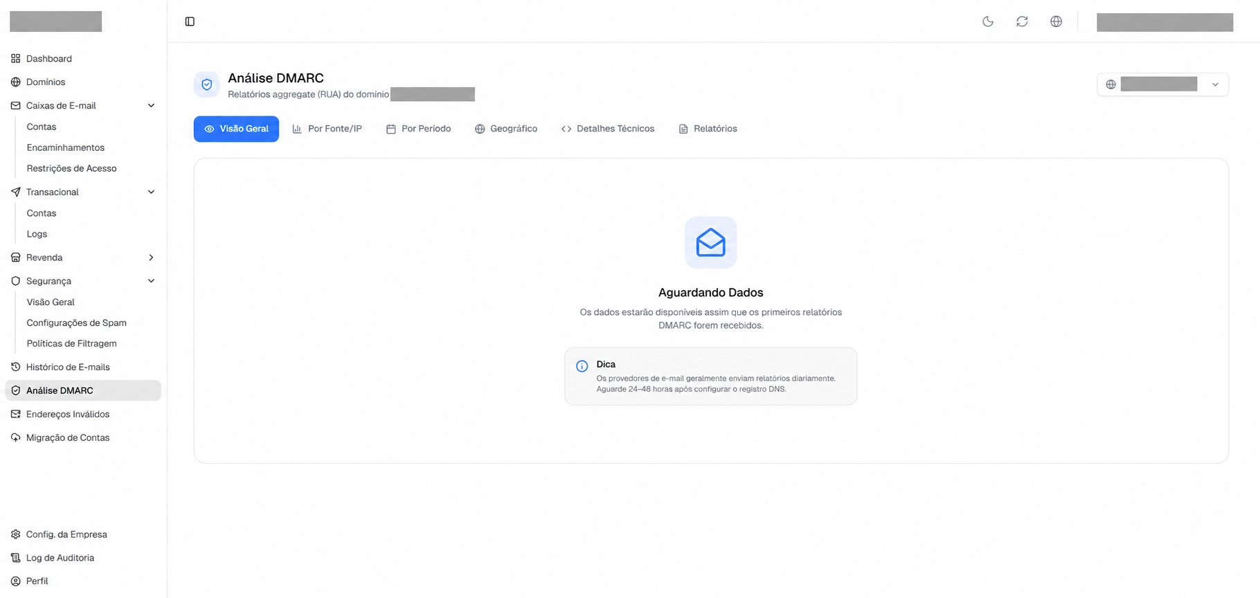 Análise DMARC com o aviso Aguardando Dados e orientações de verificação.
