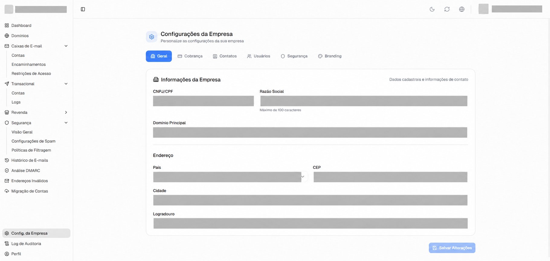 Configurações da Empresa com abas administrativas e formulário de dados cadastrais.