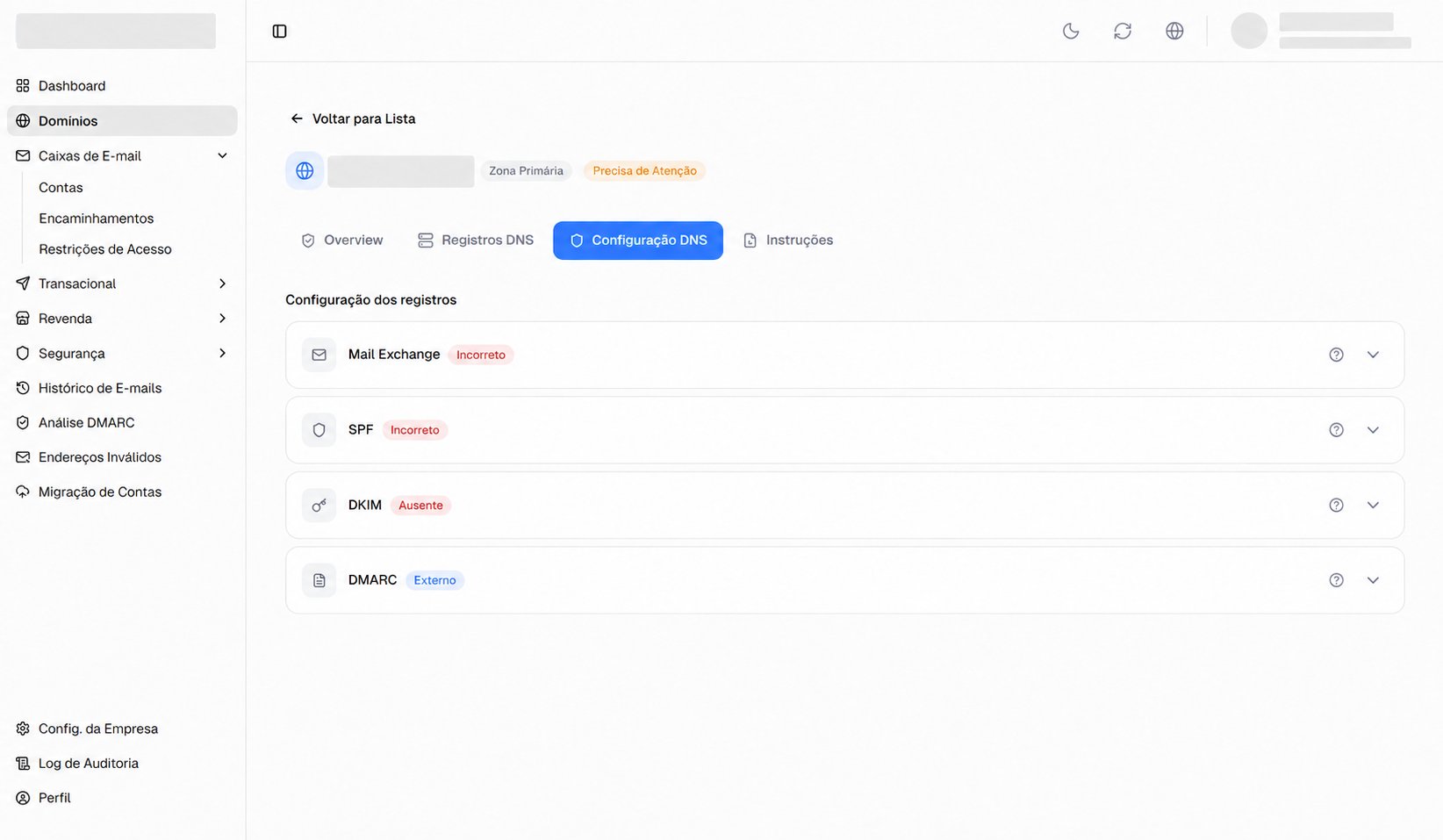 Diagnóstico DNS com exemplos de registros incorretos, ausentes e externos.