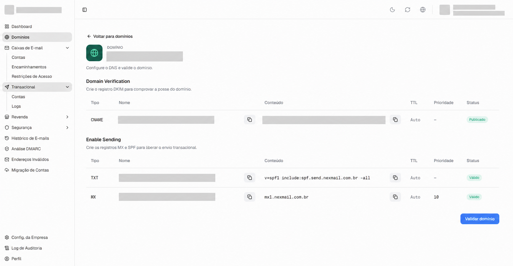 Configuração transacional com CNAME DKIM, TXT SPF, MX e botão Validar domínio.
