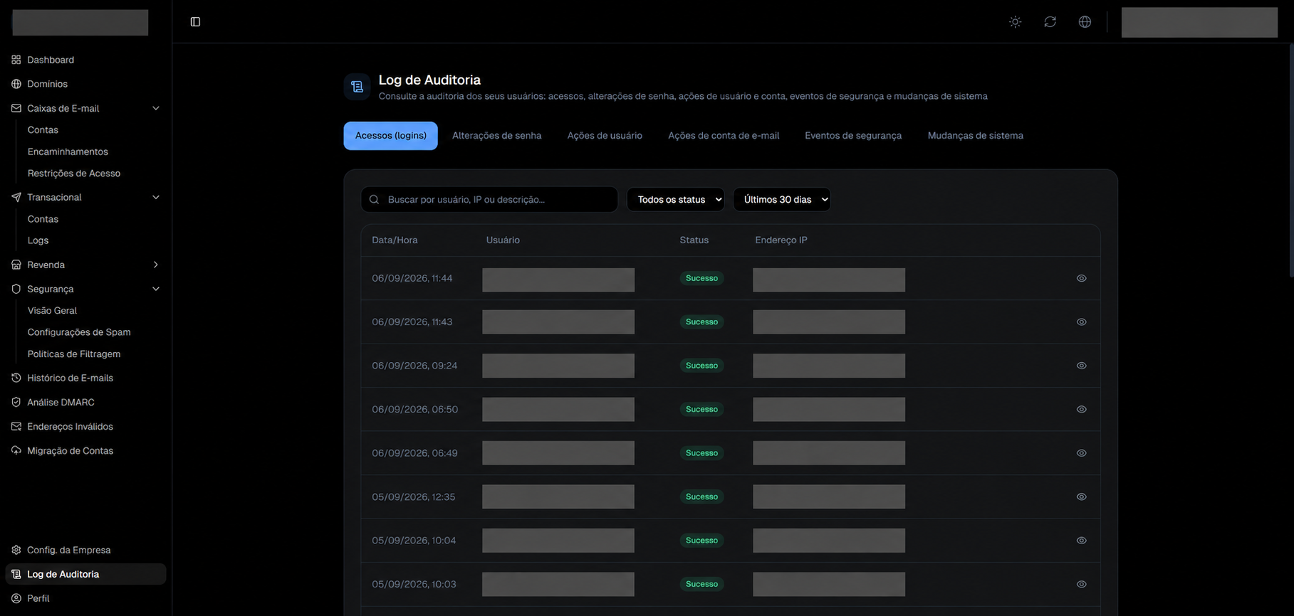 Log de Auditoria com categorias, filtros e eventos de acesso.