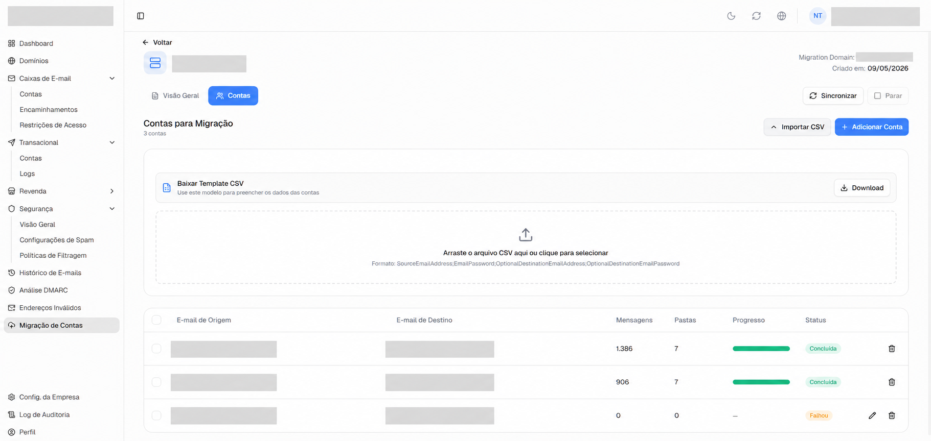 Importar CSV expandido com botão Download do modelo e área para selecionar o arquivo.