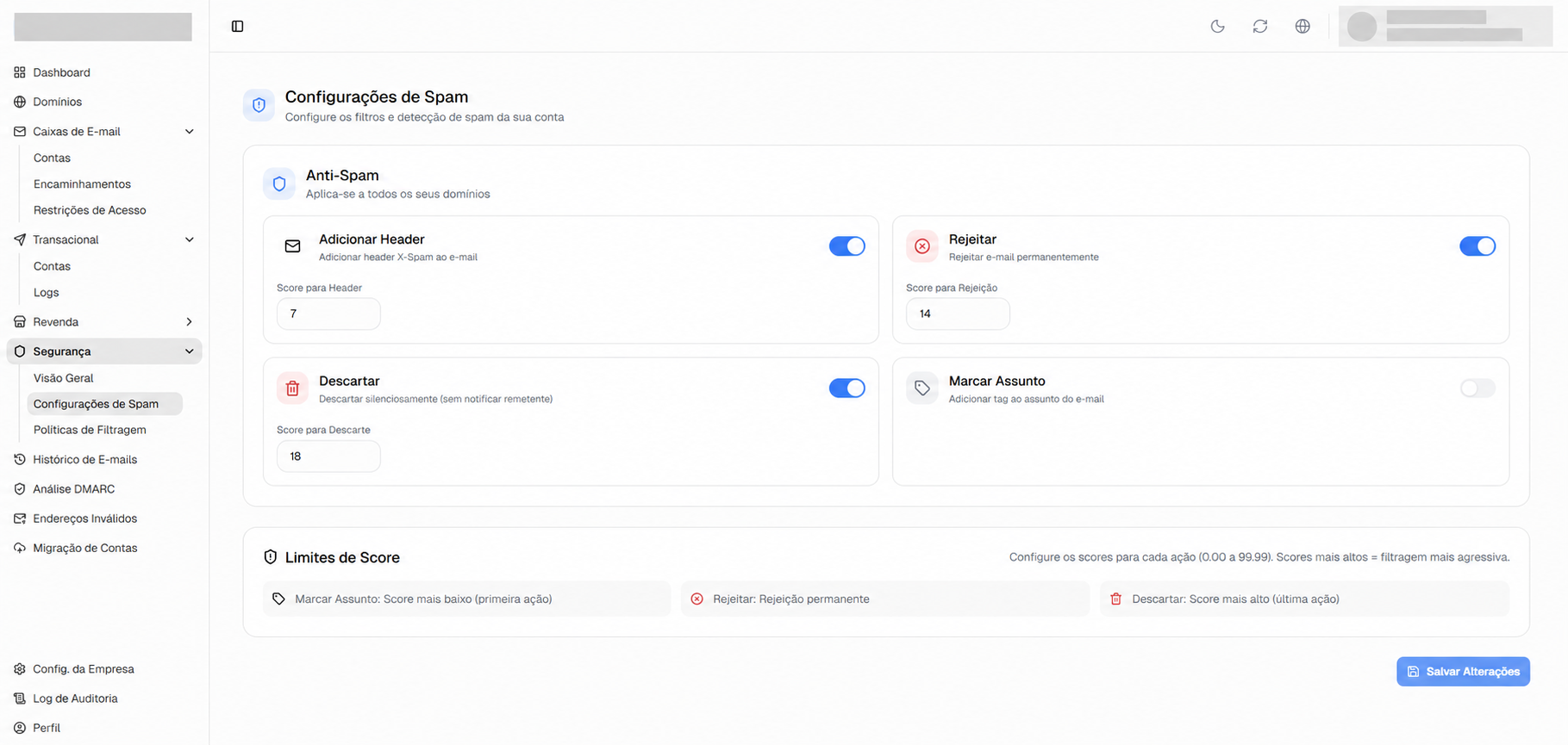 Configurações de Spam com ações Adicionar Header, Rejeitar, Descartar e Marcar Assunto.